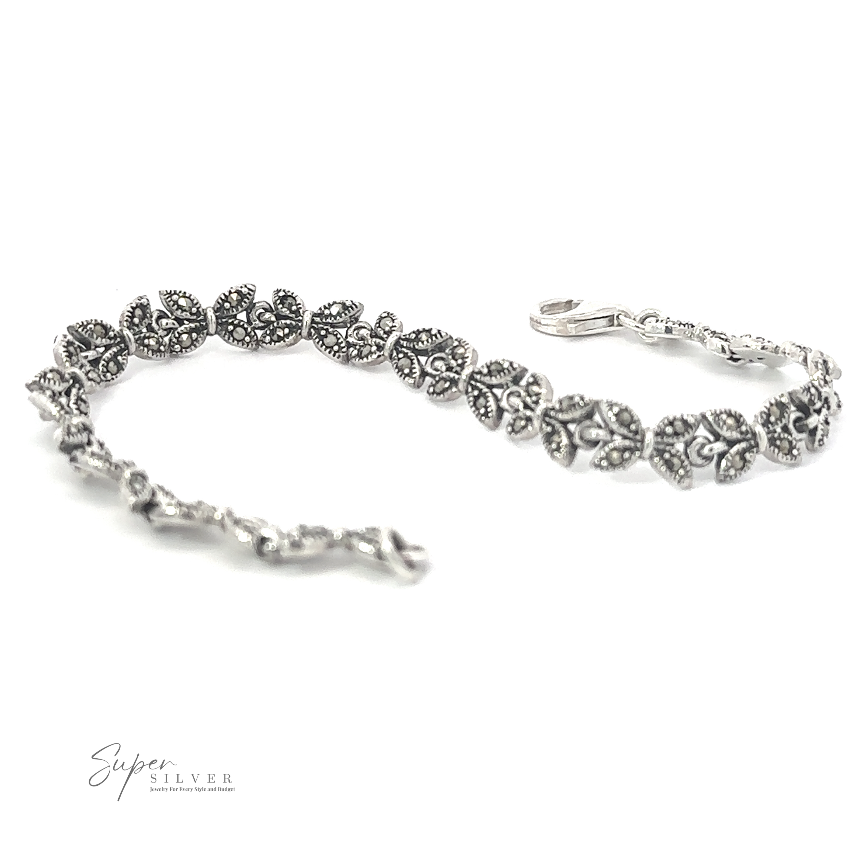 A Marcasite Butterfly Bracelet with detailed floral and leaf designs, placed on a white background. Made of .925 Sterling Silver, it features a subtle Art Deco era style. The clasp is visible, and the text "Super Silver" is in the bottom left corner.