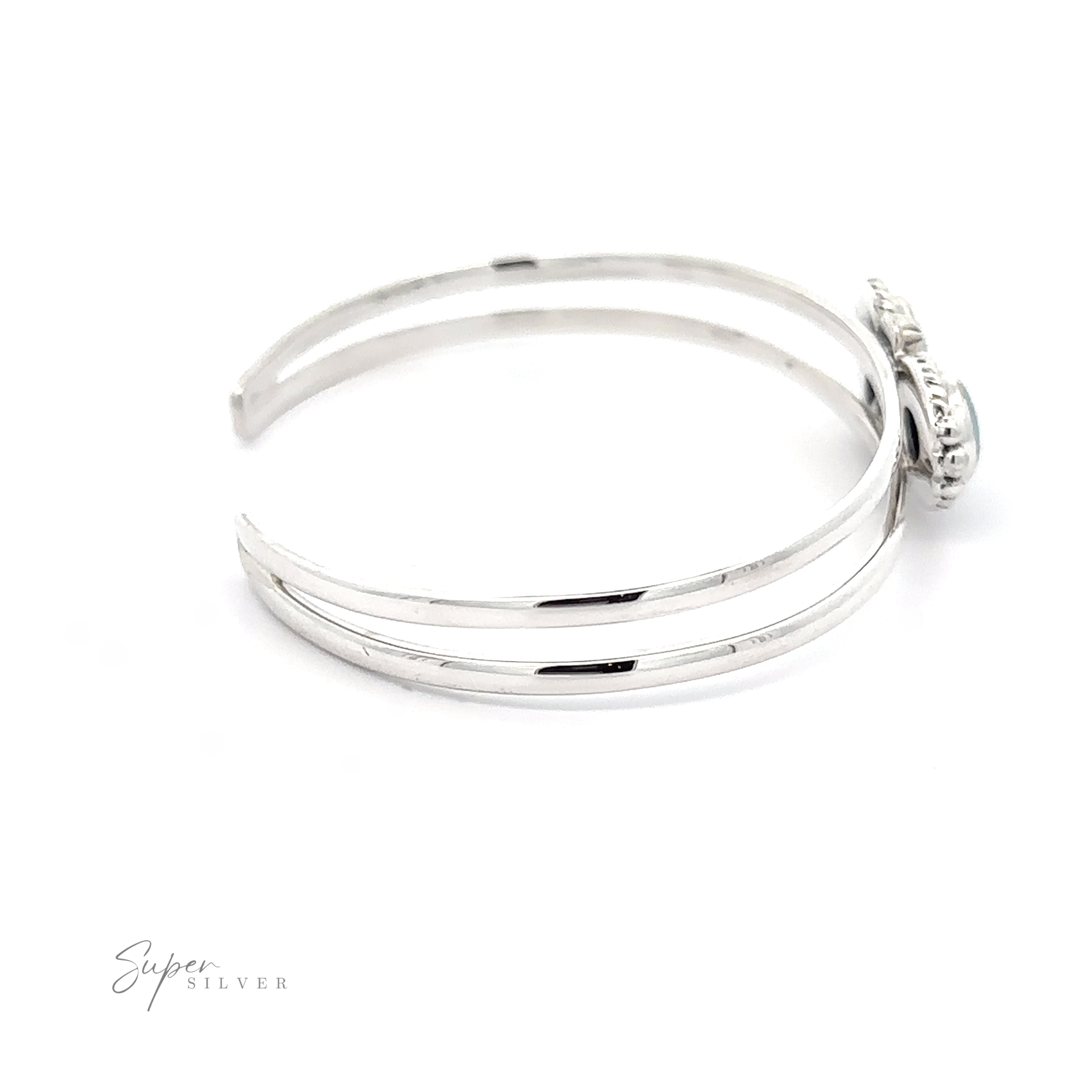 Opal Heart And Circle Cuff Bracelet with an ornate circular centerpiece, displayed against a white background. The logo "Super Silver" is visible in the bottom left corner, highlighting this exquisite piece of romantic jewelry.