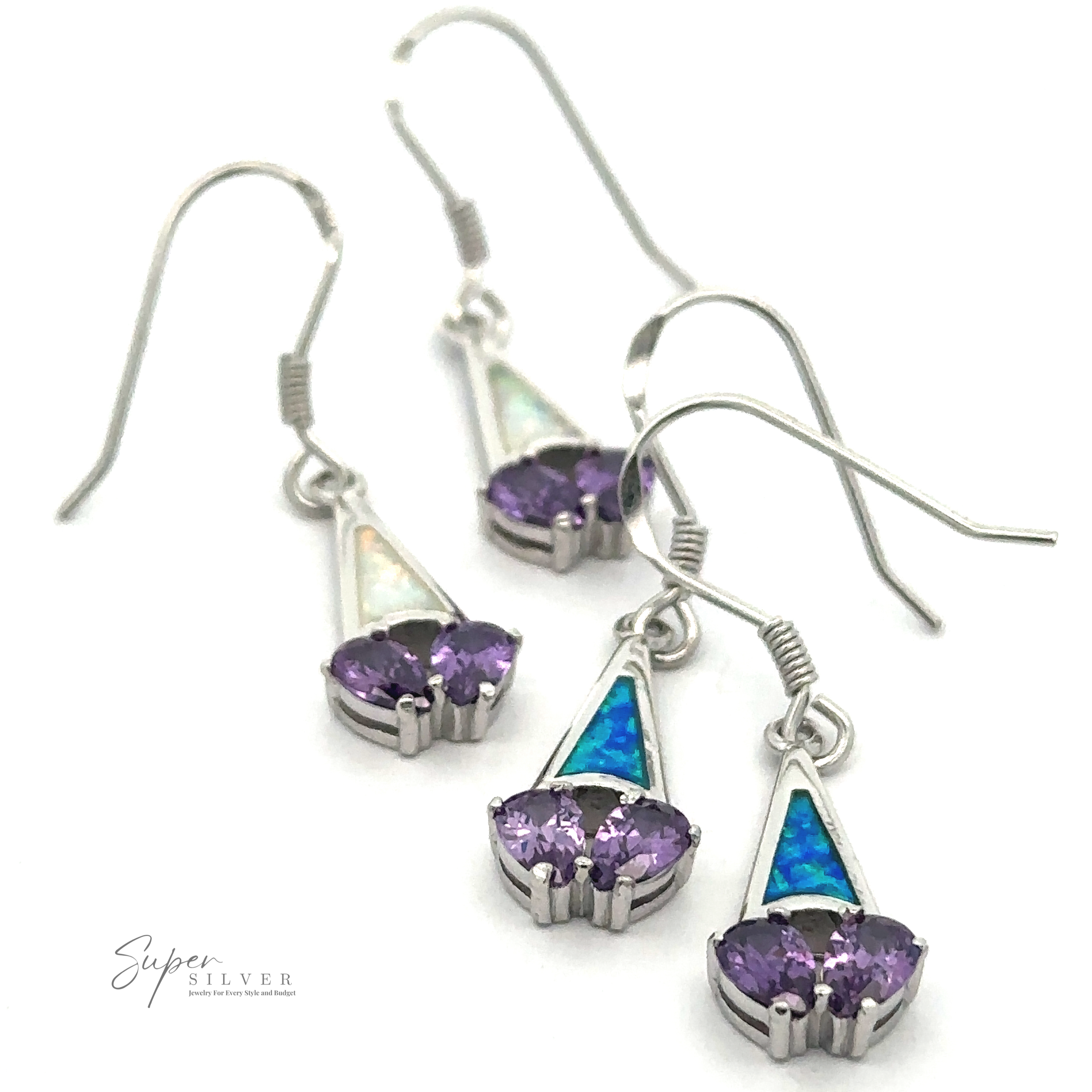 Four Created Opal Earrings with Purple Cubic Zirconia, featuring purple CZ stone and iridescent triangle inlays. Background is white. "Super Silver" logo visible.