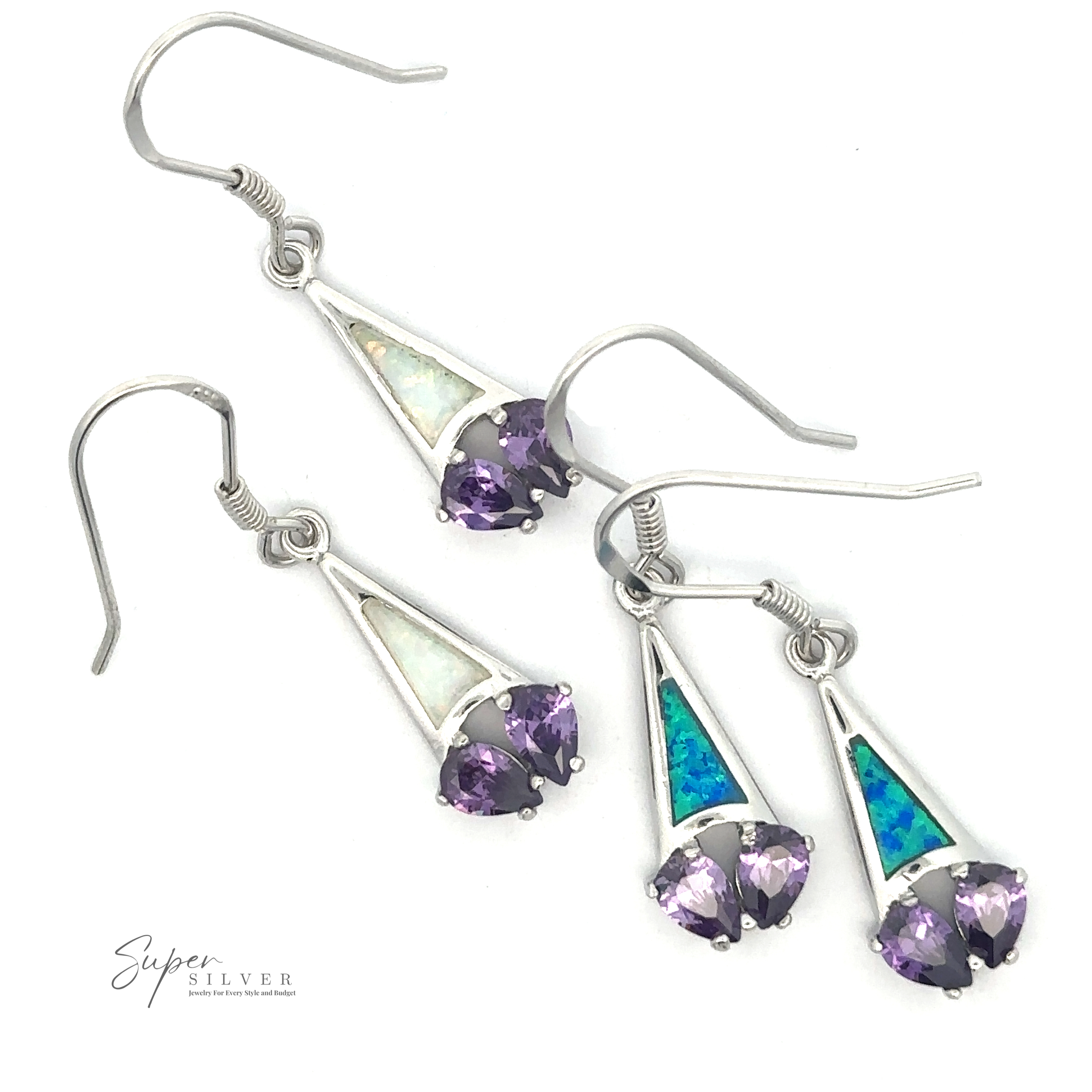 A pair of Created Opal Earrings with Purple Cubic Zirconia featuring purple gemstones and triangular inlays of white and blue stones, with the brand name "Super Silver" visible in the corner.
