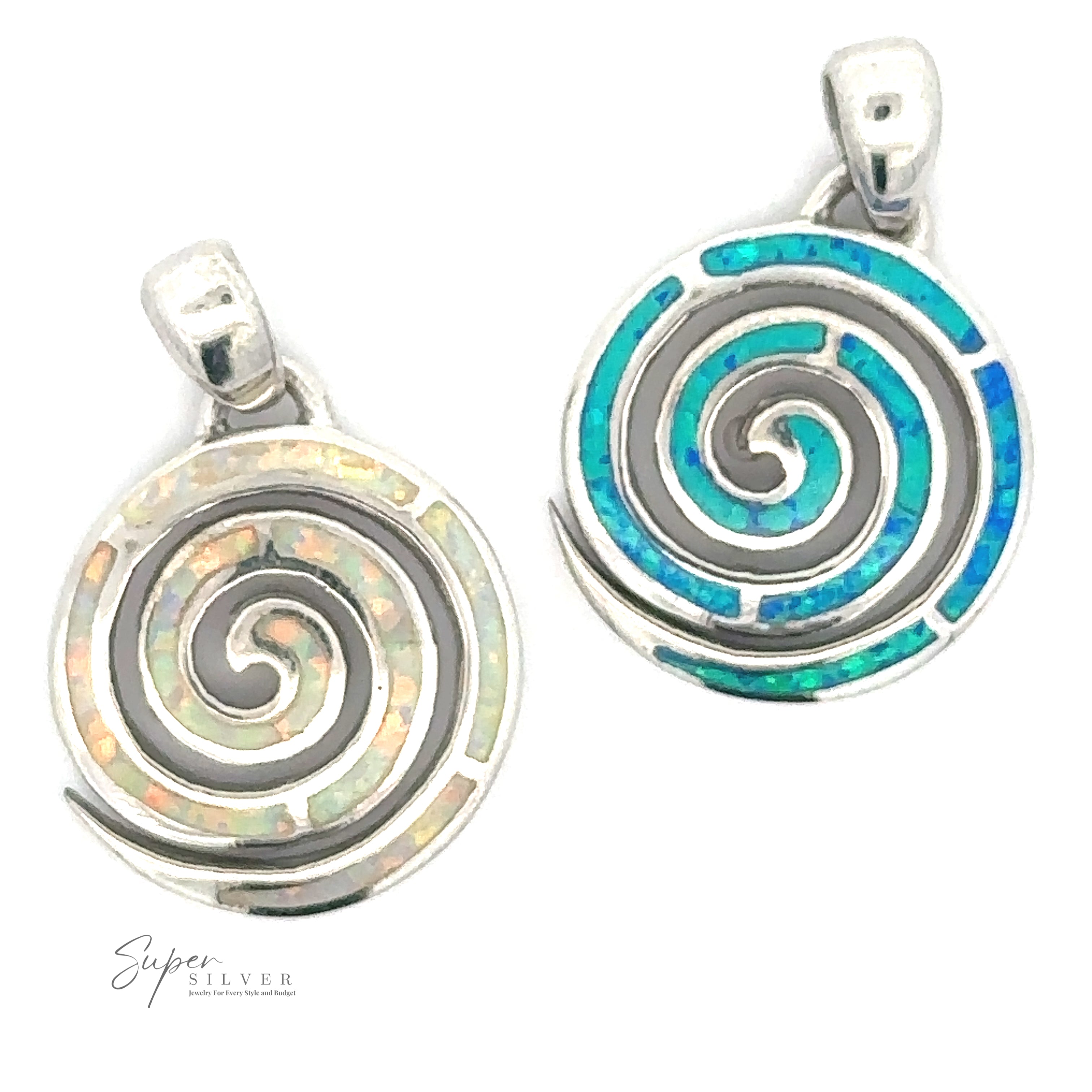 Two Opal Spiral Pendants showcase opal stones. One has iridescent light colors, and the other has blue and green hues. The logo "Super Silver" is visible at the bottom left, both pendants finished in sleek rhodium.