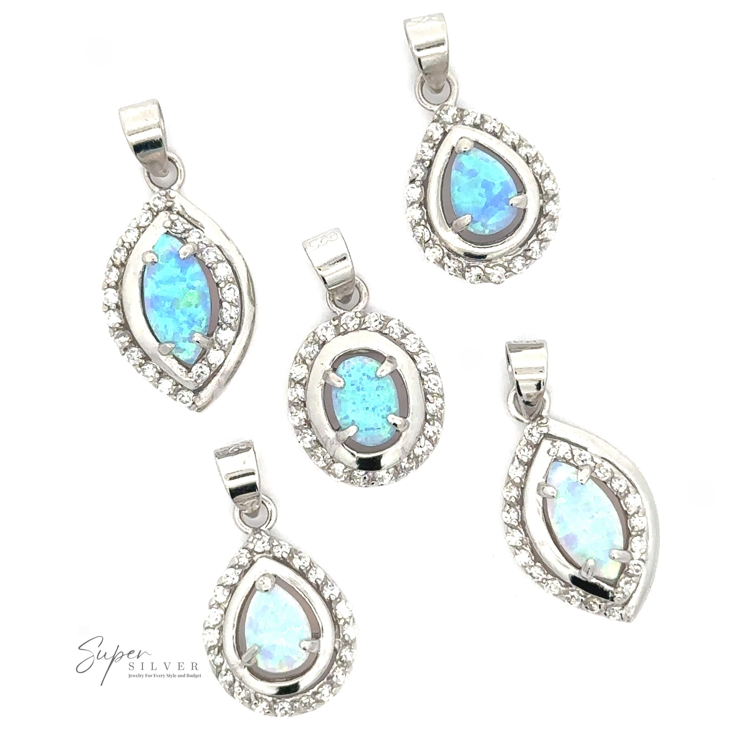 Five Opal Pendants with Cubic Zirconia, each surrounded by small cubic zirconia stones. The Art Deco jewelry pendants are displayed on a white background, with "Super Silver" branding in the corner.