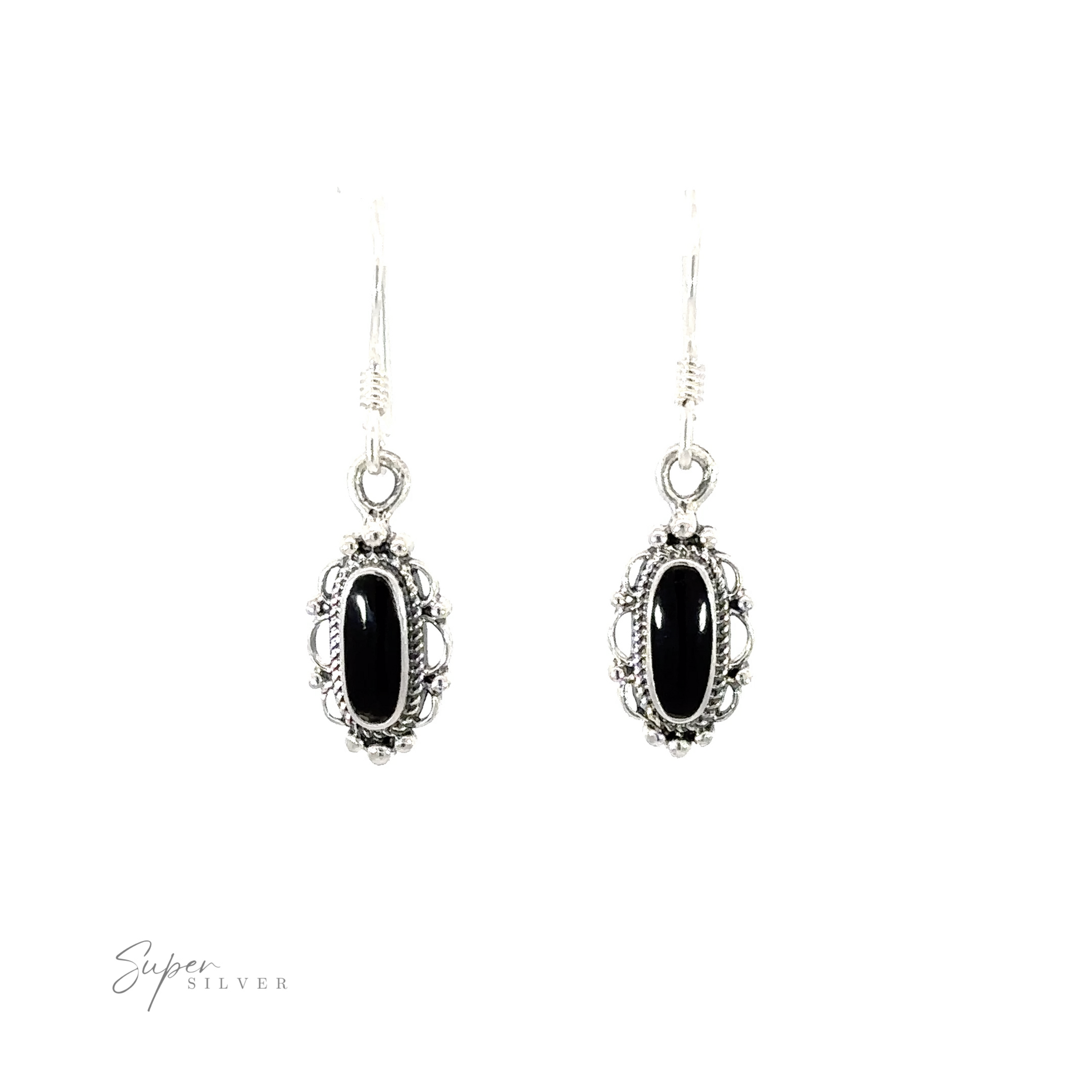 Dainty Vintage Inspired Oval Inlaid Stone Earrings with a black stone.