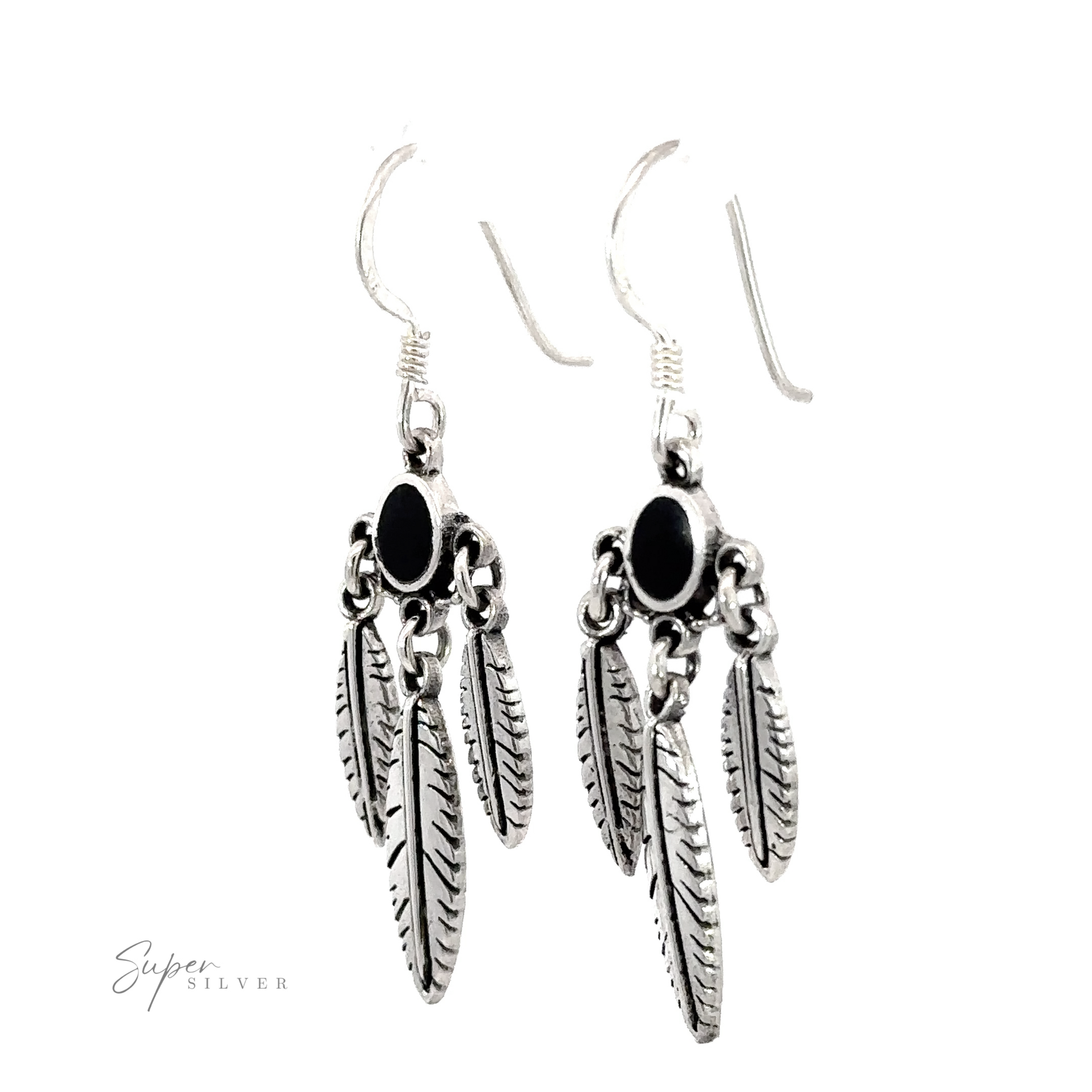 A pair of Western Inspired Earrings With Feather Dangles and Inlay Stones.