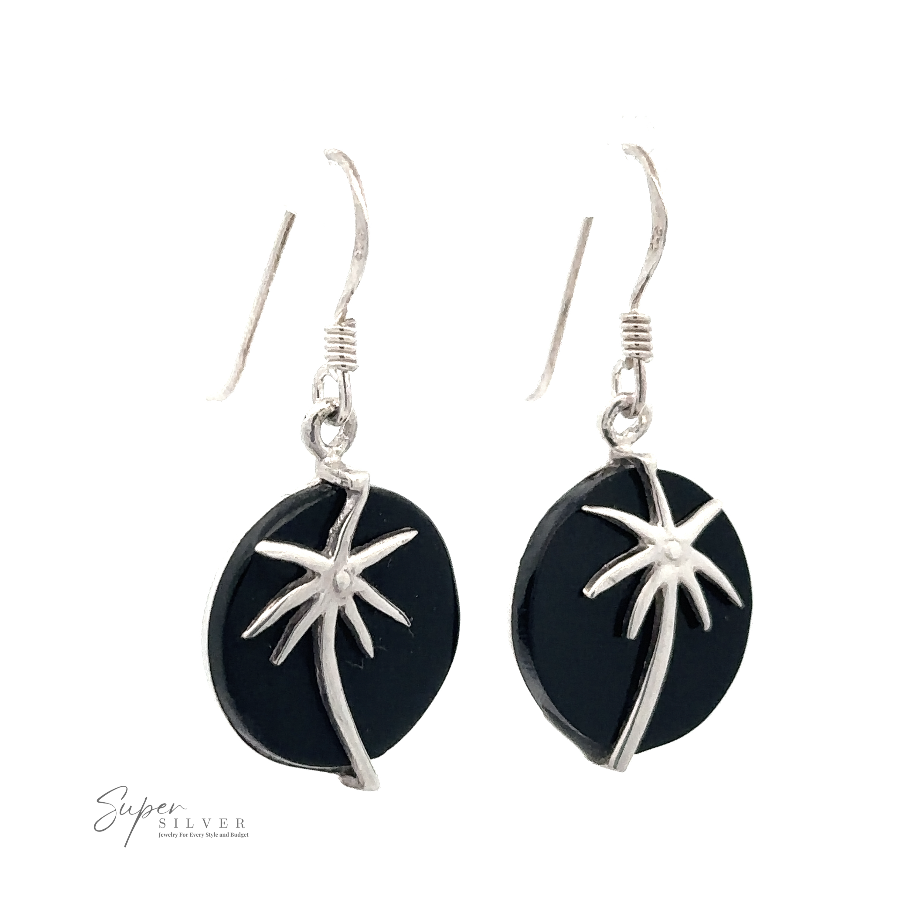 Stone Earrings with Silver Palm Tree featuring black onyx stones with an elegant silver palm tree design on the front.