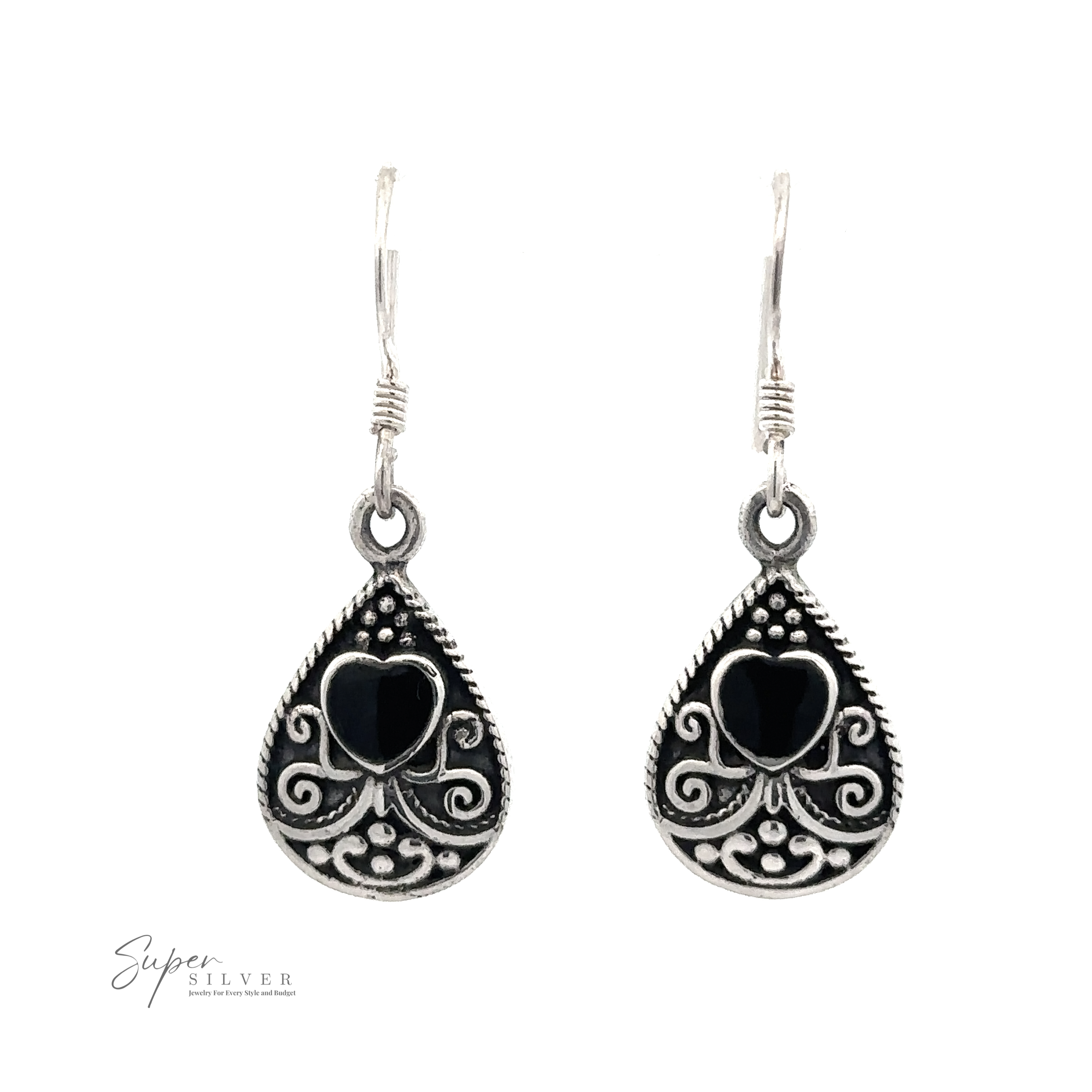 A pair of Bali Style Teardrop Earrings with Inlaid Stone. The brand name "Super Silver" is visible in the lower left corner.