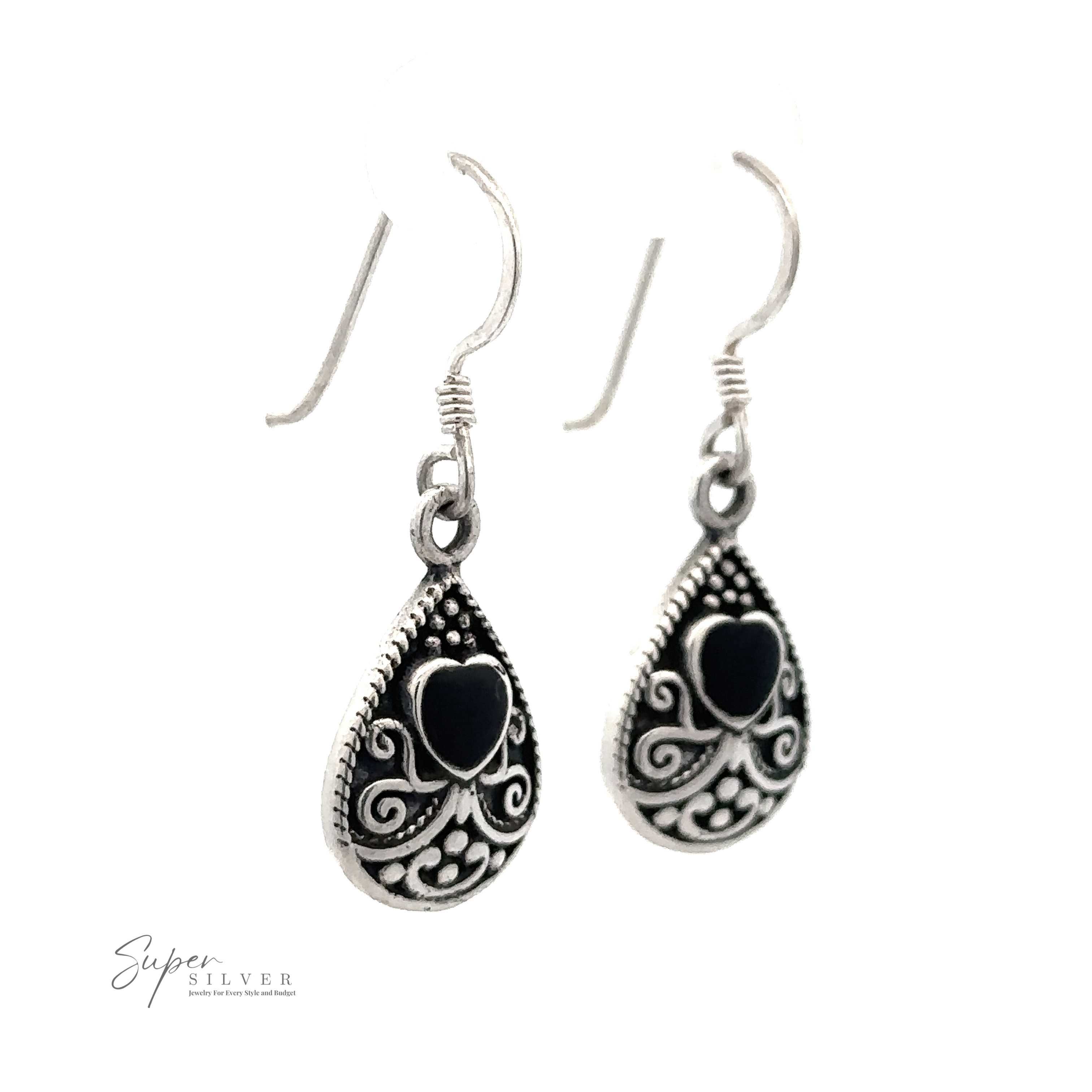 A pair of Bali Style Teardrop Earrings with Inlaid Stone hangs from hook wires. The background is plain white. The inscription "Super Silver" is visible in the corner, enhancing the elegance of these earrings.