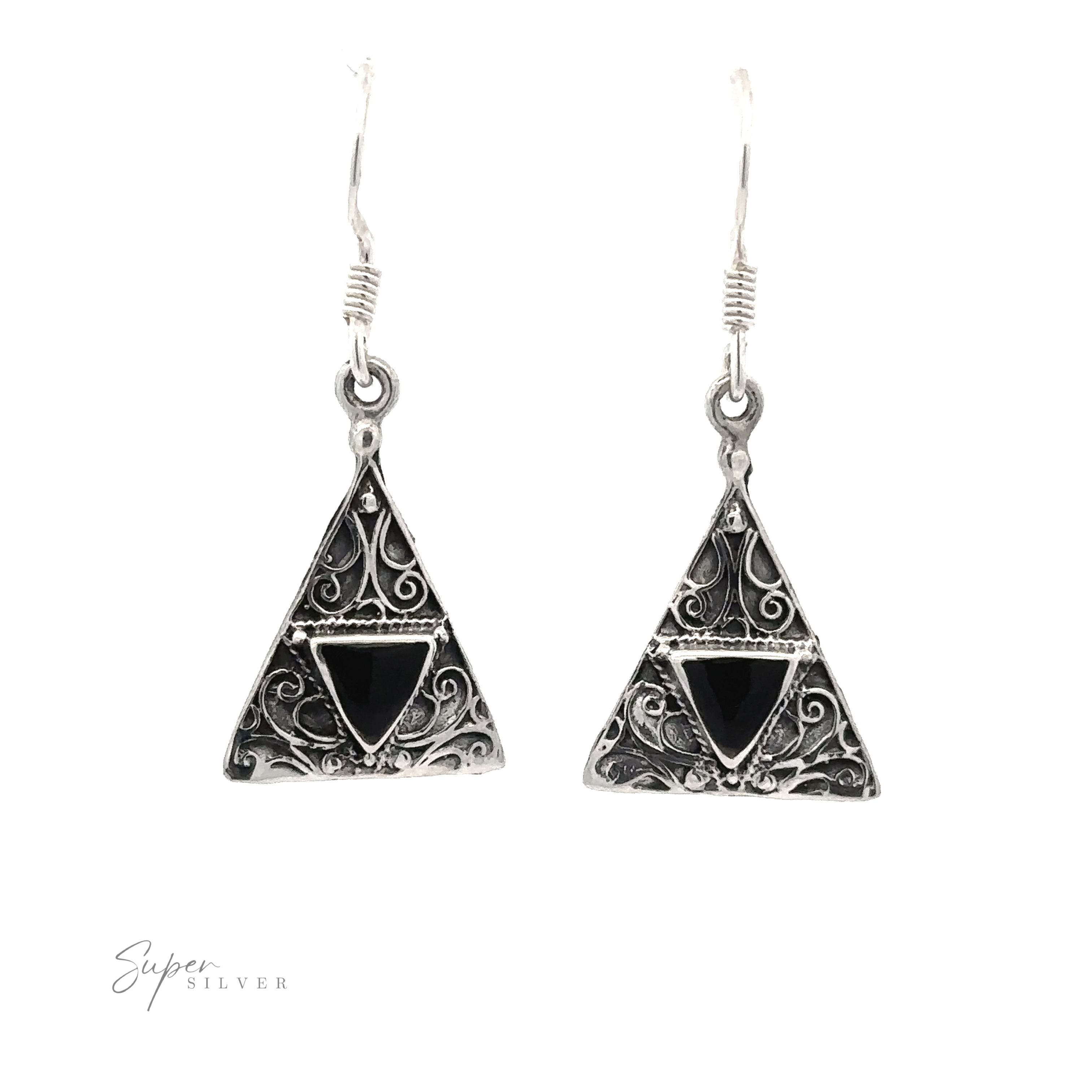 Freestyle Design Triangle Shape Inlaid Earrings featuring intricate scrollwork and triangle-shaped silver settings with black triangular stones.