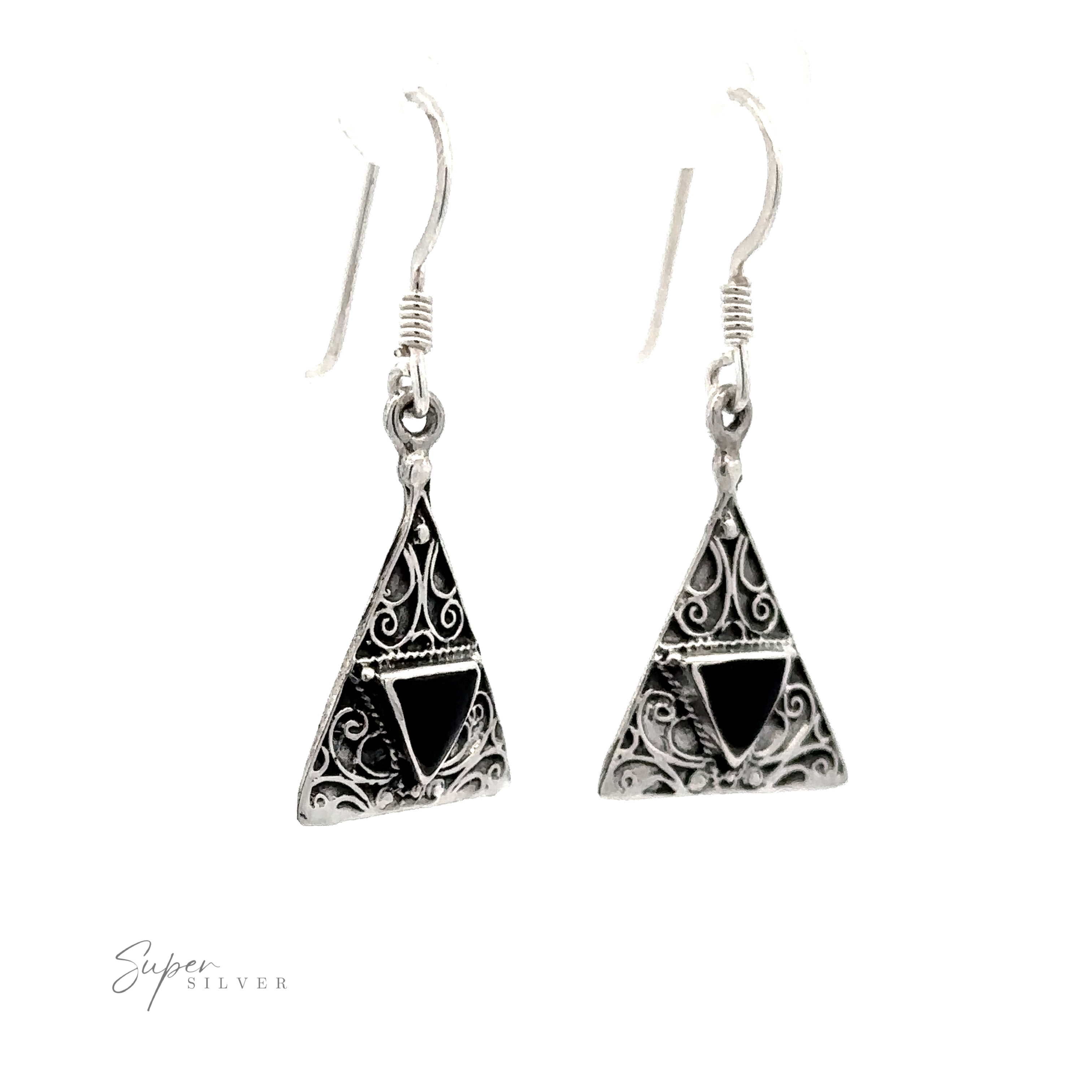 Freestyle Design Triangle Shape Inlaid Earrings with intricate filigree designs and black inlays, hanging from hook wires.