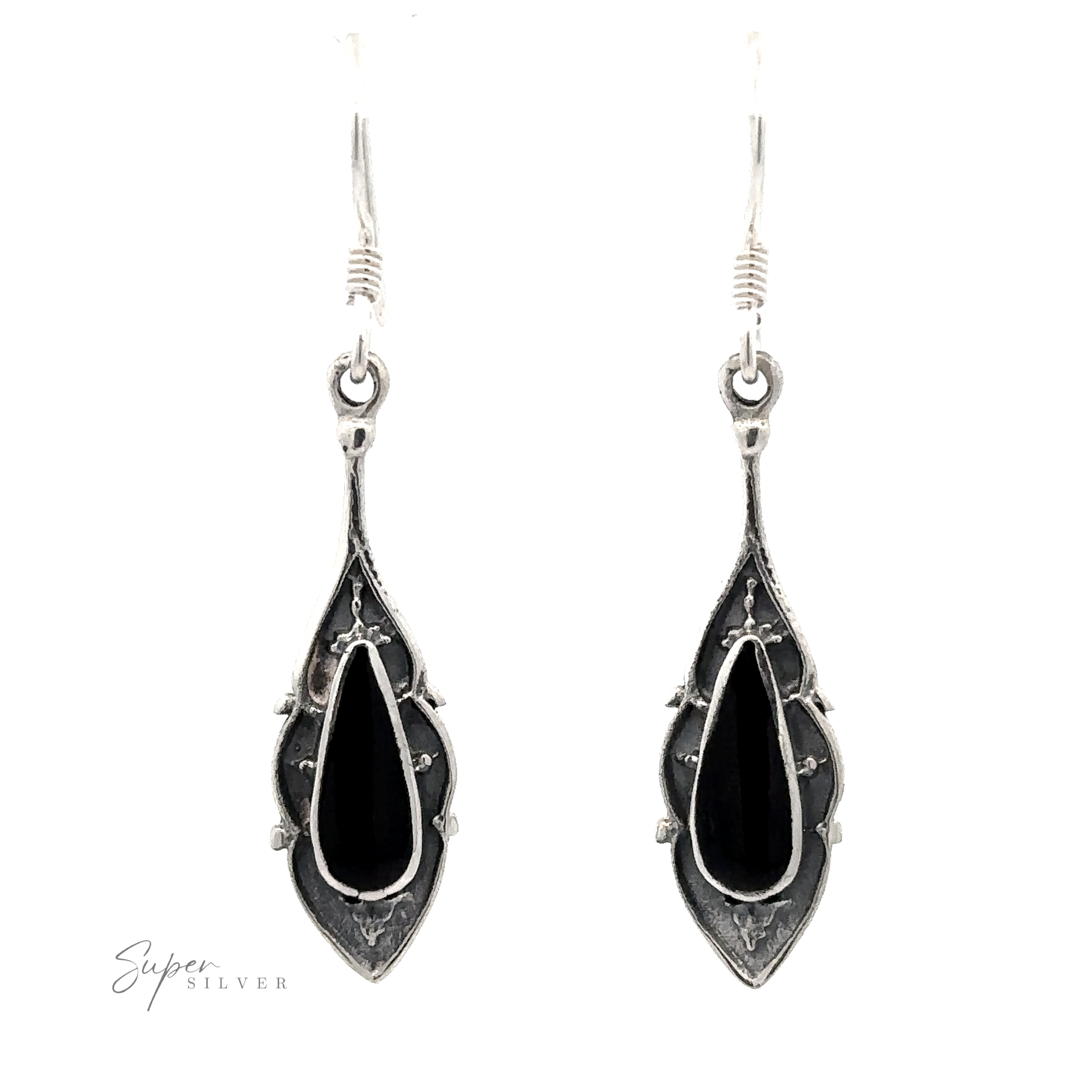 A pair of Teardrop Shape Inlaid Earrings with black teardrop-shaped stones. The brand name "Super Silver" is in the bottom left corner.