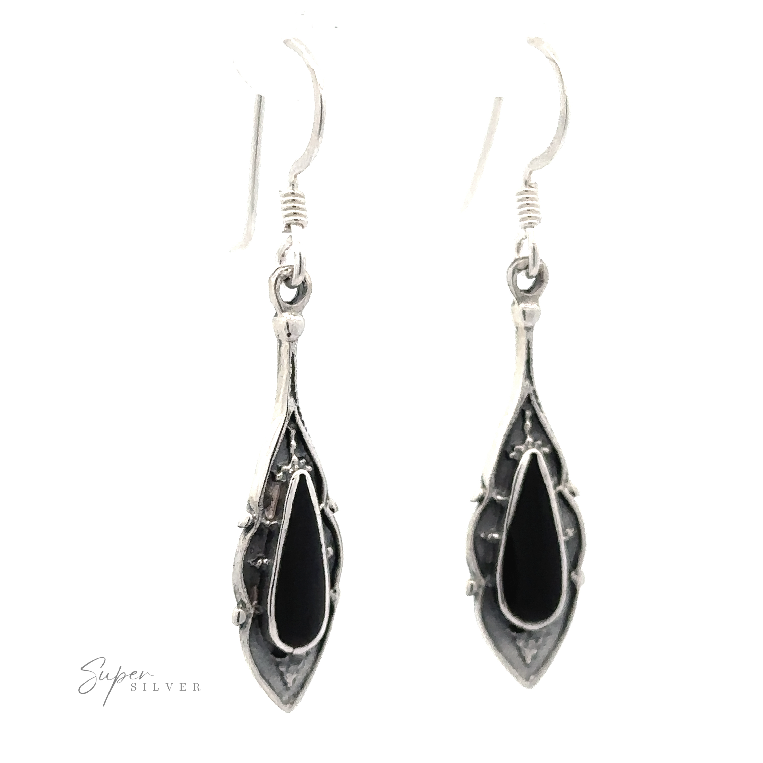 A pair of Teardrop Shape Inlaid Earrings with black, teardrop-shaped accents, featuring hooks for insertion. The image has a "Super Silver" logo on the bottom left.