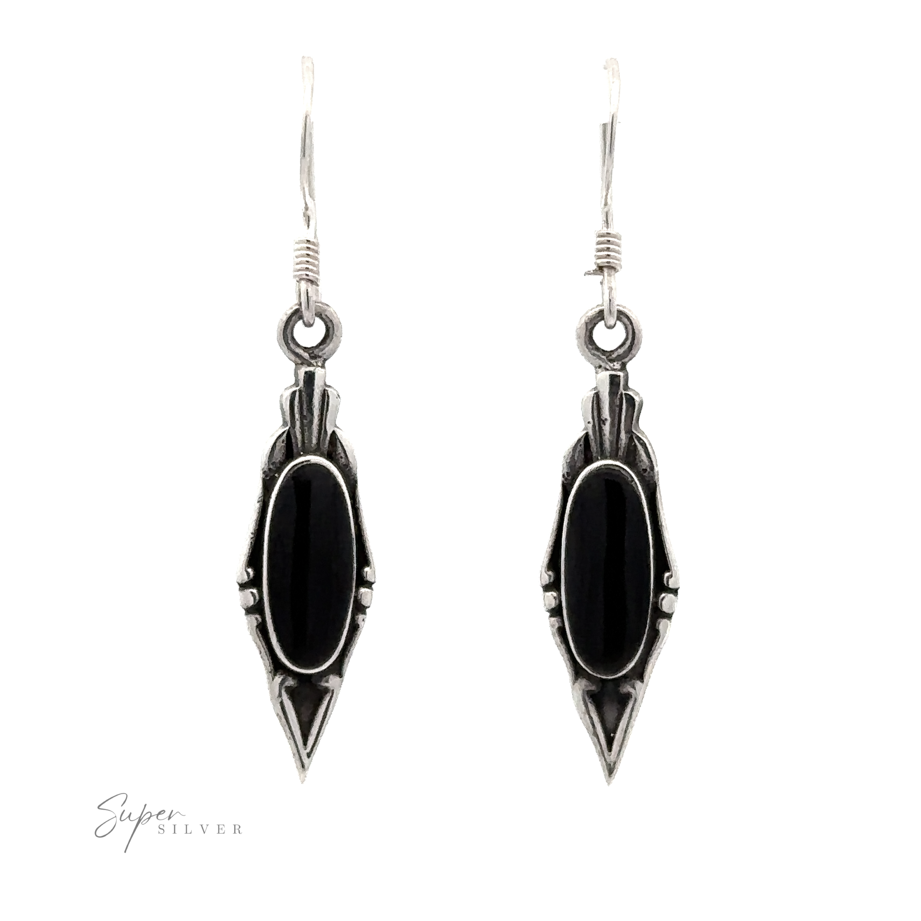 A pair of Elegant Inlaid Earrings with Oval Stone in the center, featuring an elongated, intricate vintage design. Signature "Super Silver" visible in the lower-left corner.