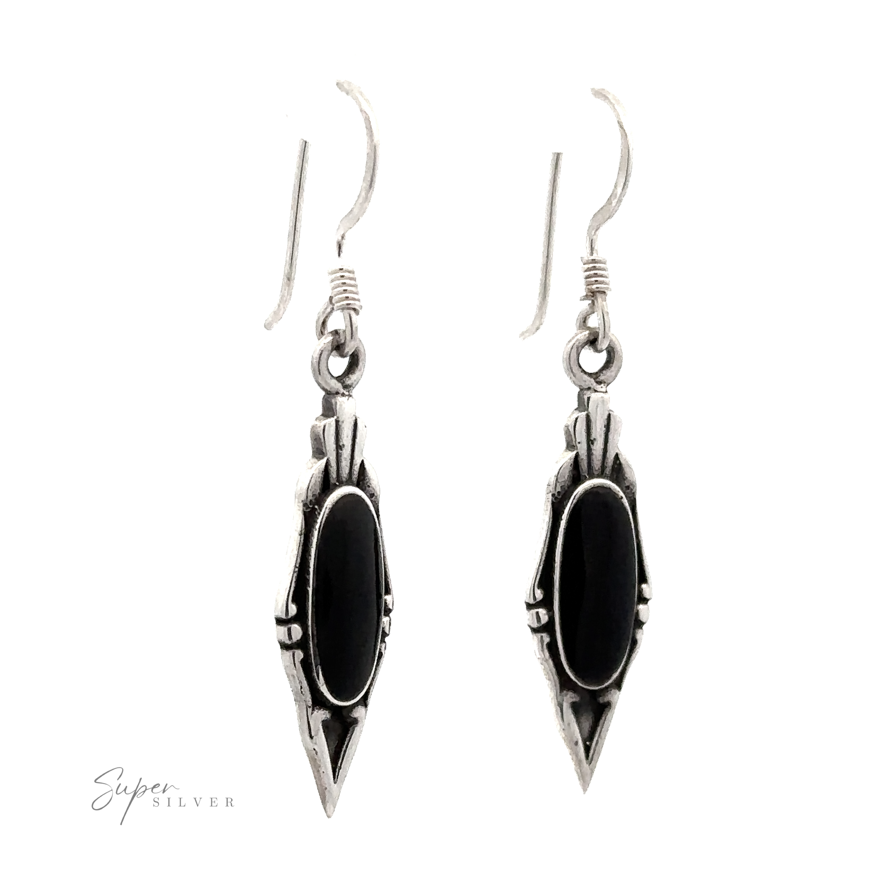 A pair of Elegant Inlaid Earrings with Oval Stone set in an elongated, pointed frame, with hook-style clasps offering a vintage design.