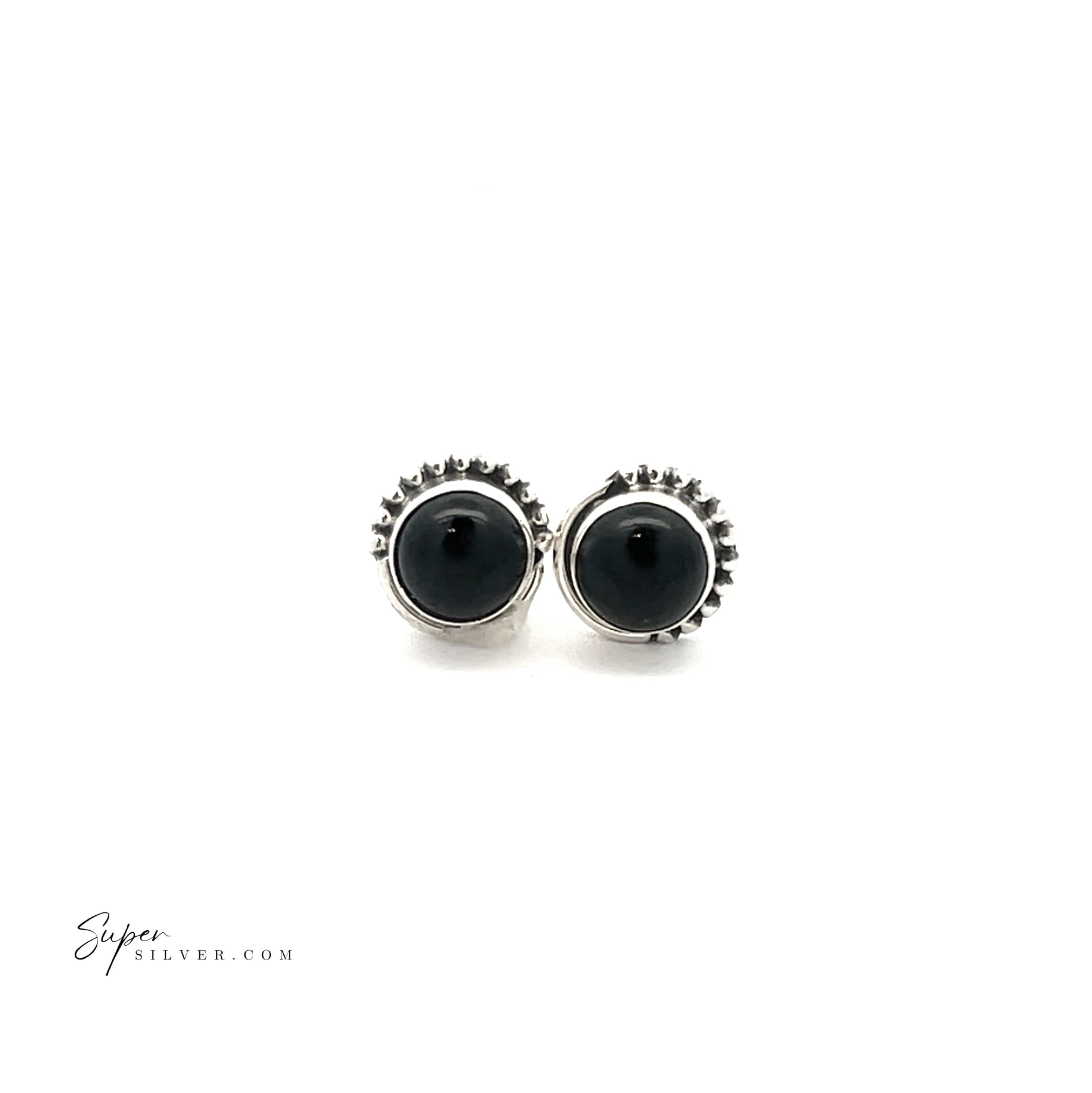 A pair of 5mm Gemstone Studs With Half Bead Design featuring black center stones in sterling silver, displayed on a white background.