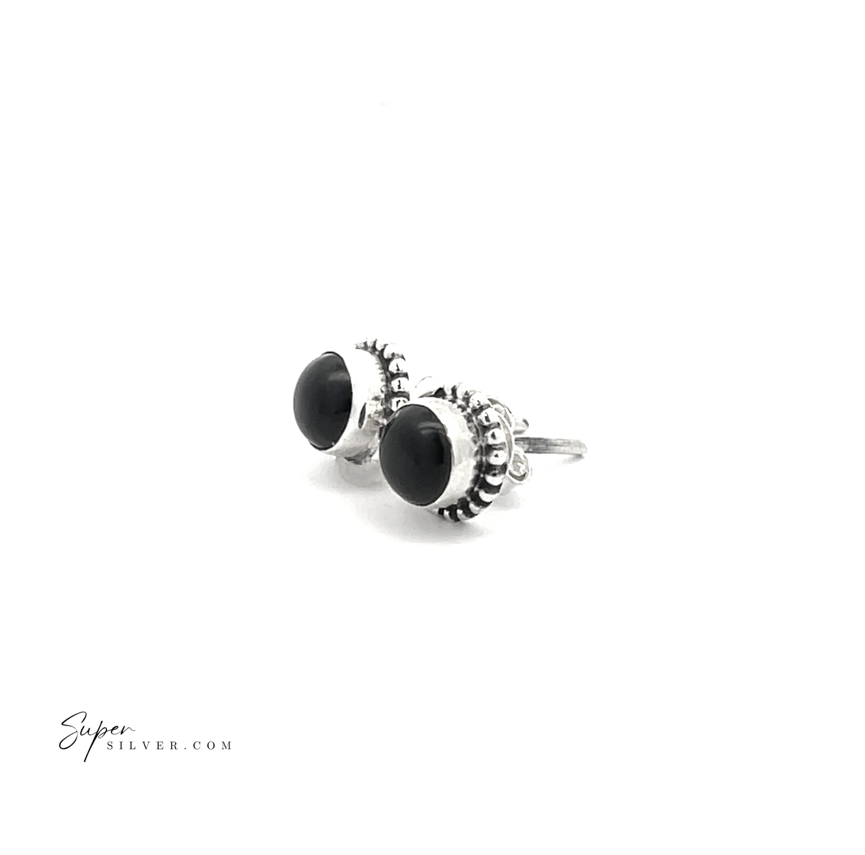 Introducing the 5mm Gemstone Studs With Half Bead Design—sterling silver stud earrings featuring round black natural stones and decorative beaded edges, beautifully displayed against a white background.