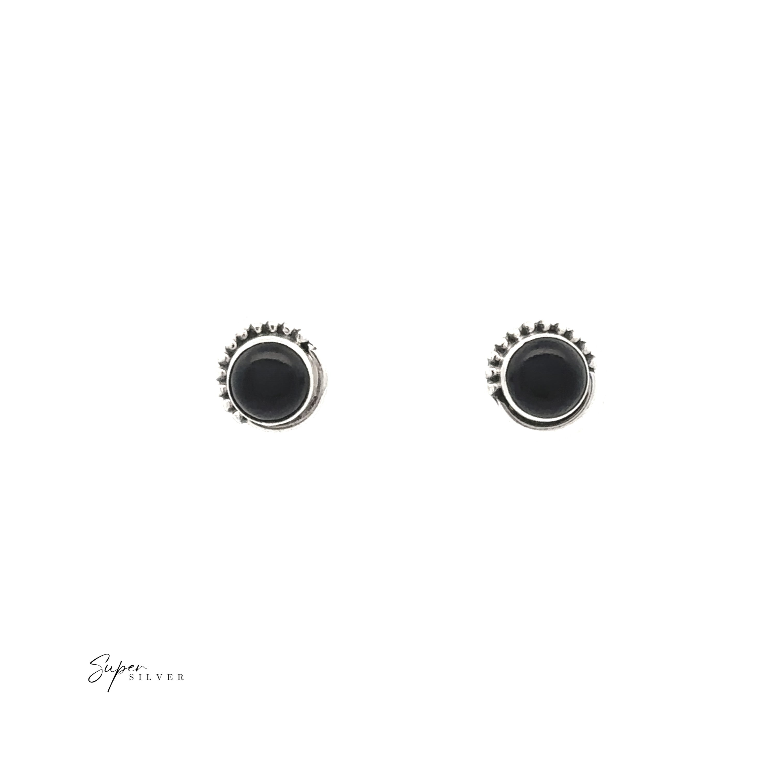 5mm Gemstone Studs With Half Bead Design—round sterling silver stud earrings featuring bezel-set black center stones, elegantly displayed on a white background.