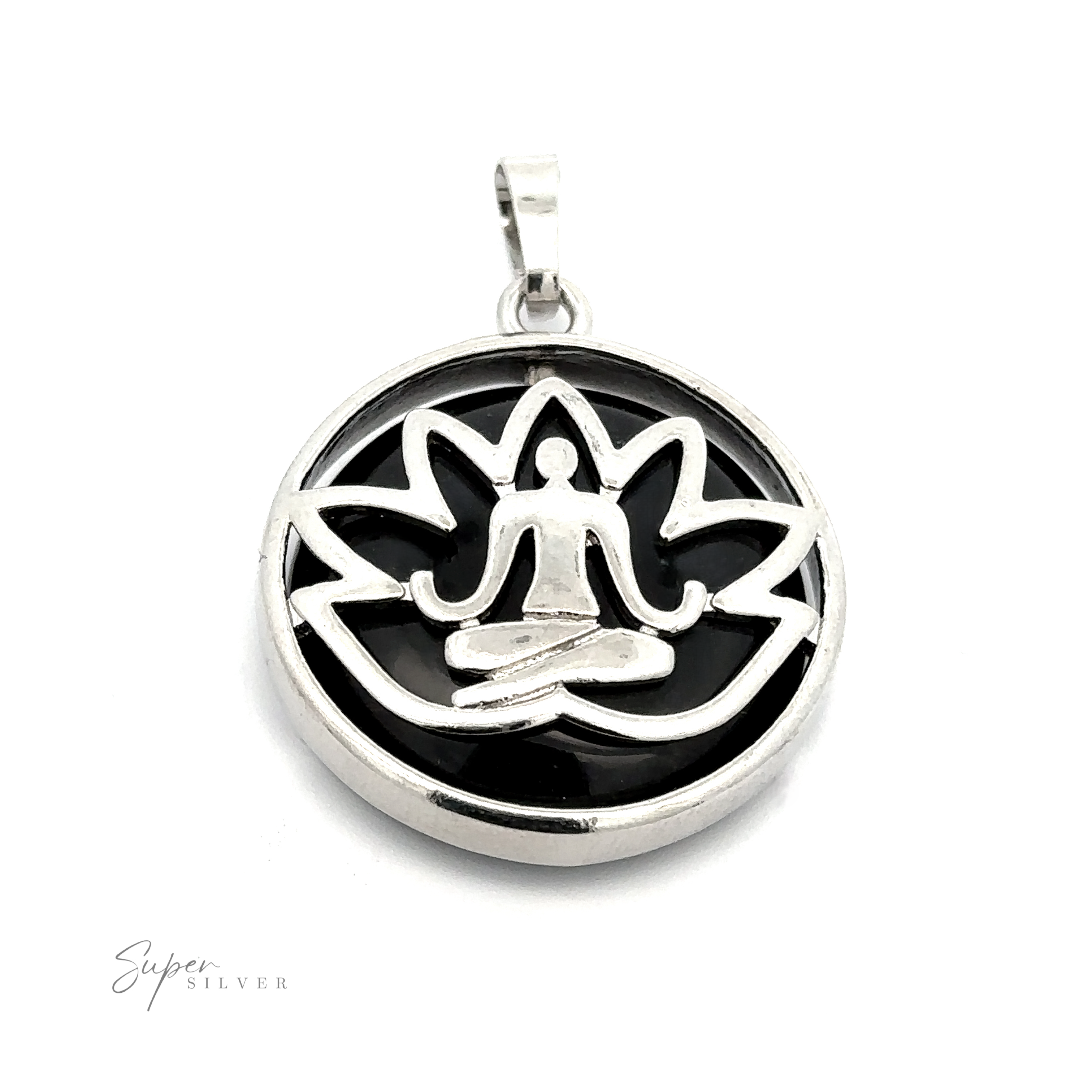 A Silver Plated Lotus Meditation Pendant with Gemstone featuring a figure in a meditation pose, surrounded by a lotus flower outline, with "Super Silver" text on the bottom left. The silver-plated design elegantly highlights the intricate lotus pattern.