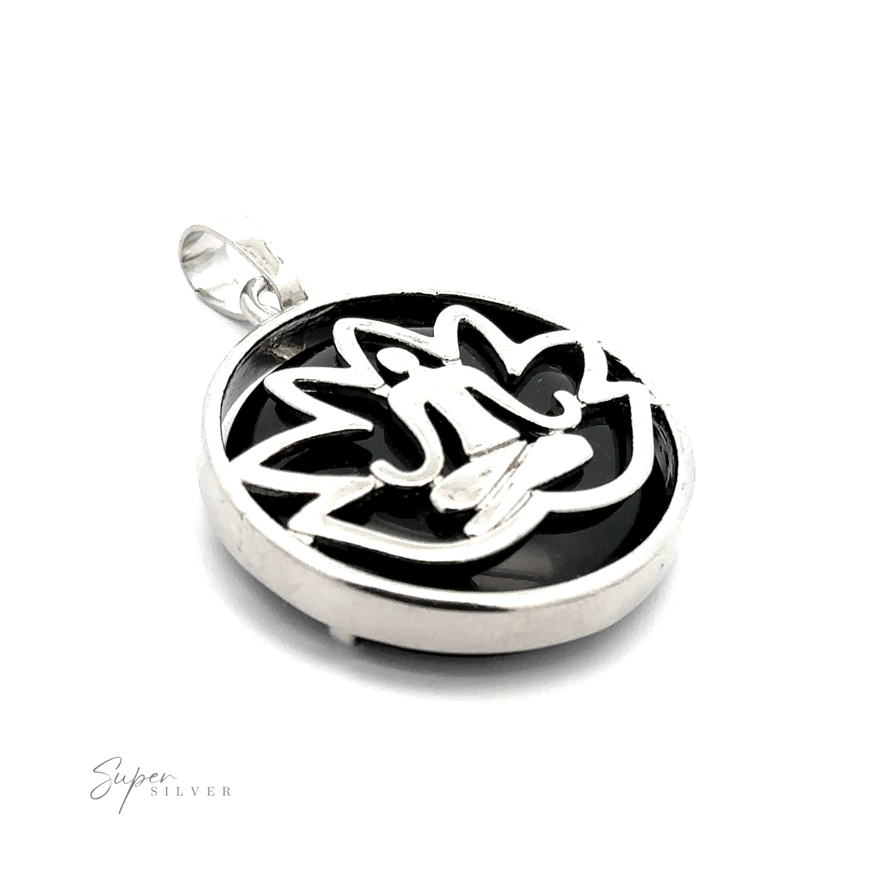 Silver Plated Lotus Meditation Pendant with Gemstone featuring a lotus design encircling a seated figure, accented with a round gemstone on a black background and "Super Silver" logo.