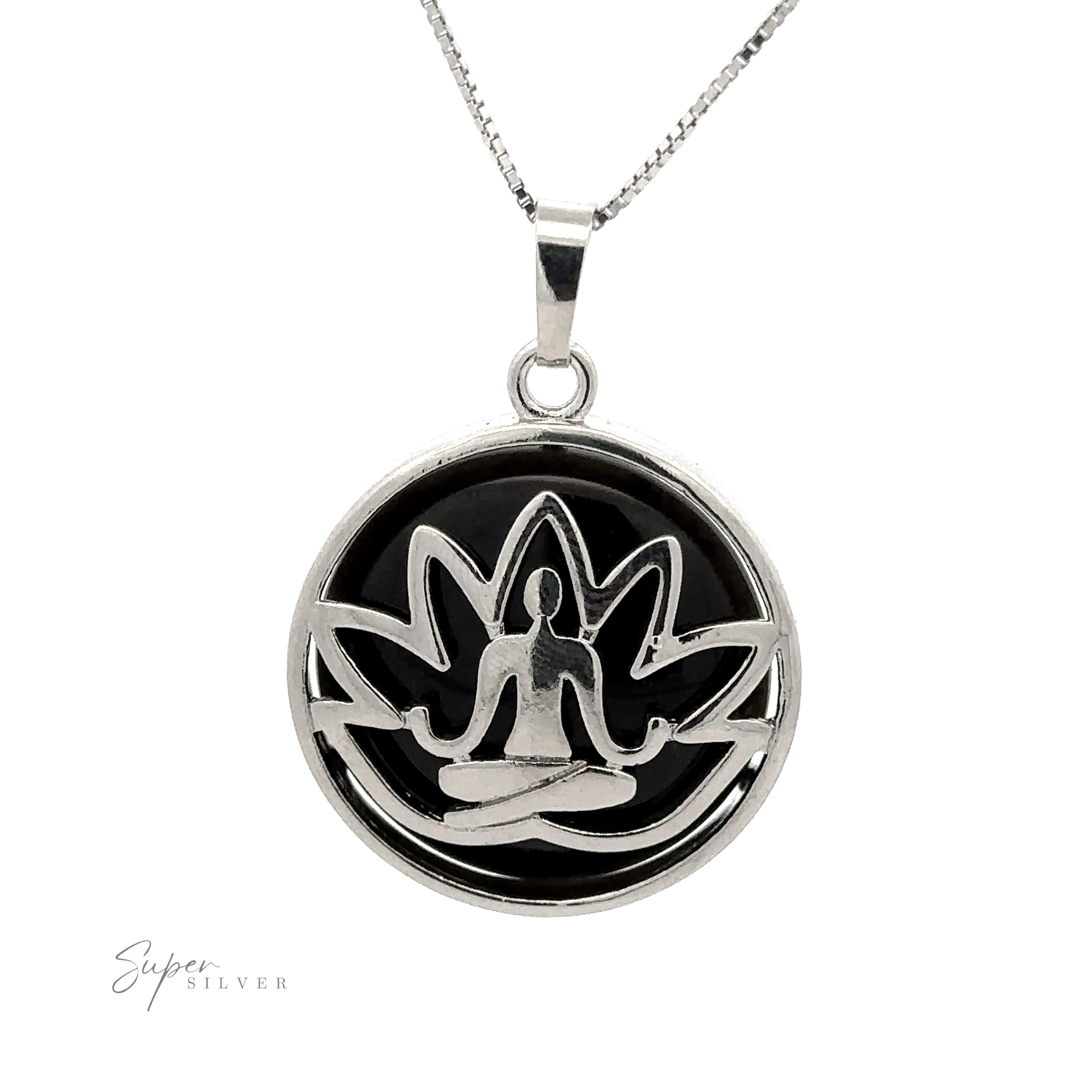 A Silver Plated Lotus Meditation Pendant with Gemstone featuring a lotus flower design and a person meditating in the center. The brand name "Super Silver" is visible in the bottom left corner, adding a touch of elegance.