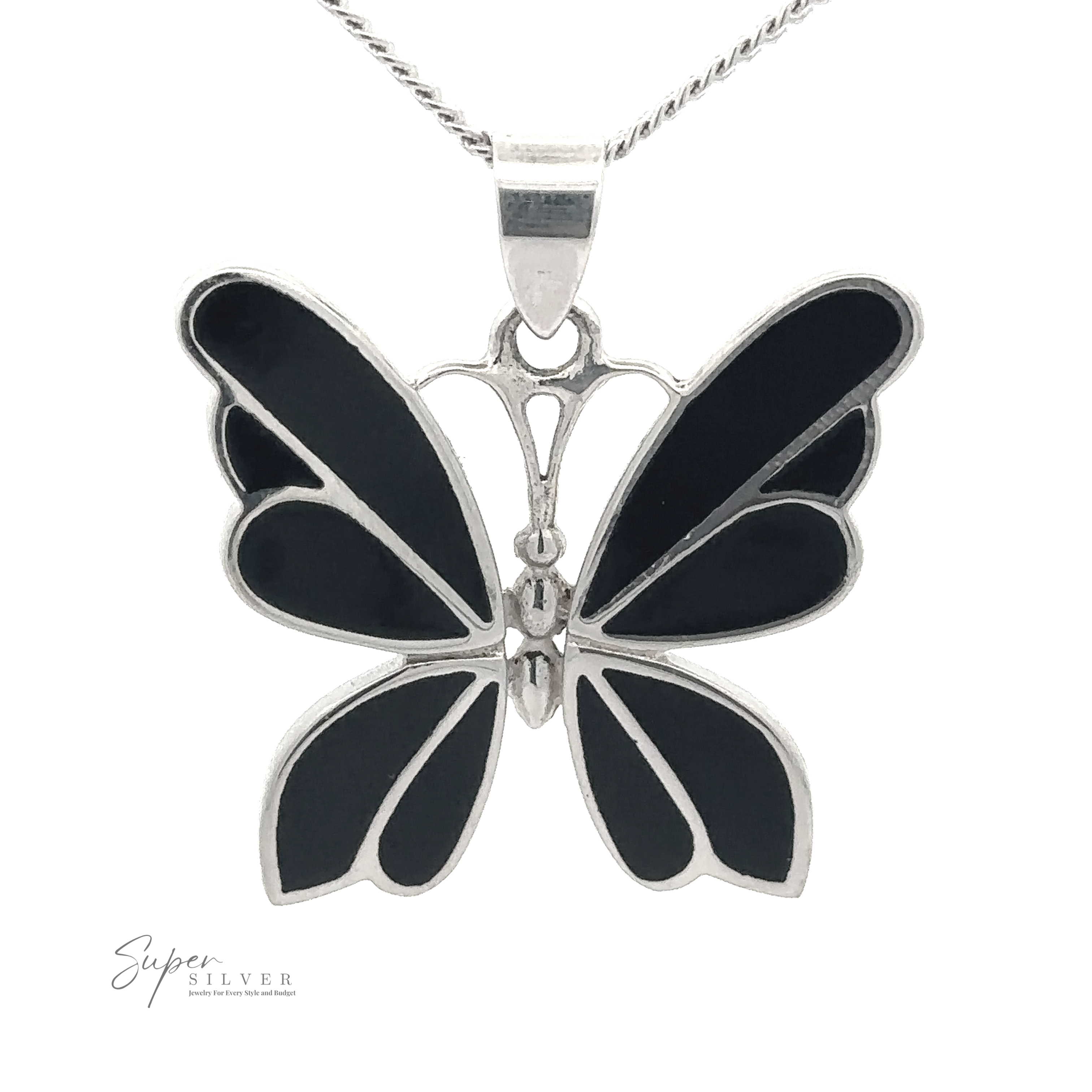 Image of a Medium Inlay Butterfly Pendant with black inlay details, hanging from a silver chain. The logo "Super Silver" is visible in the corner.