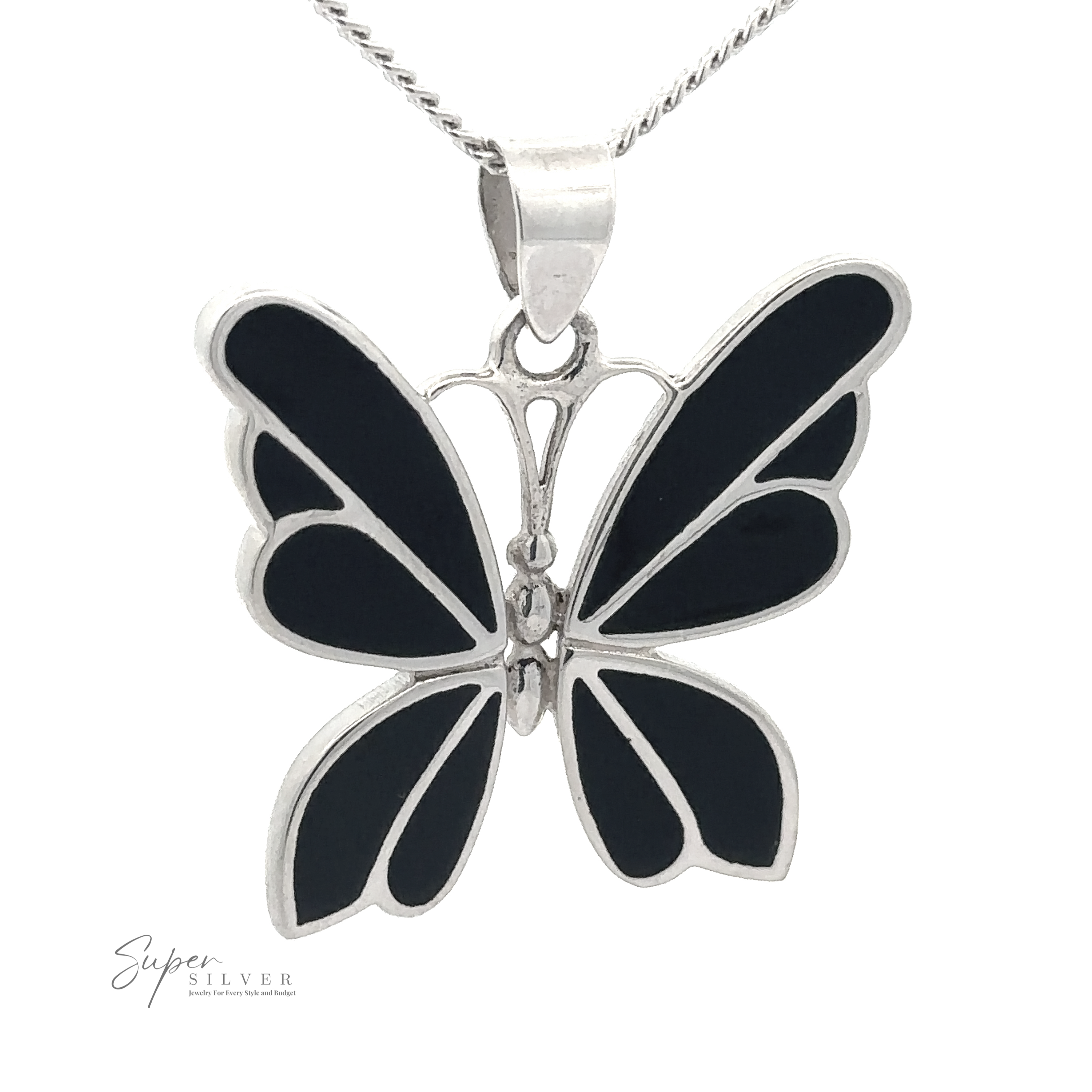 A **Medium Inlay Butterfly Pendant** with black inlays on a silver chain. The text "Super Silver" is visible in the lower left corner, adding a touch of elegance to this stunning piece.