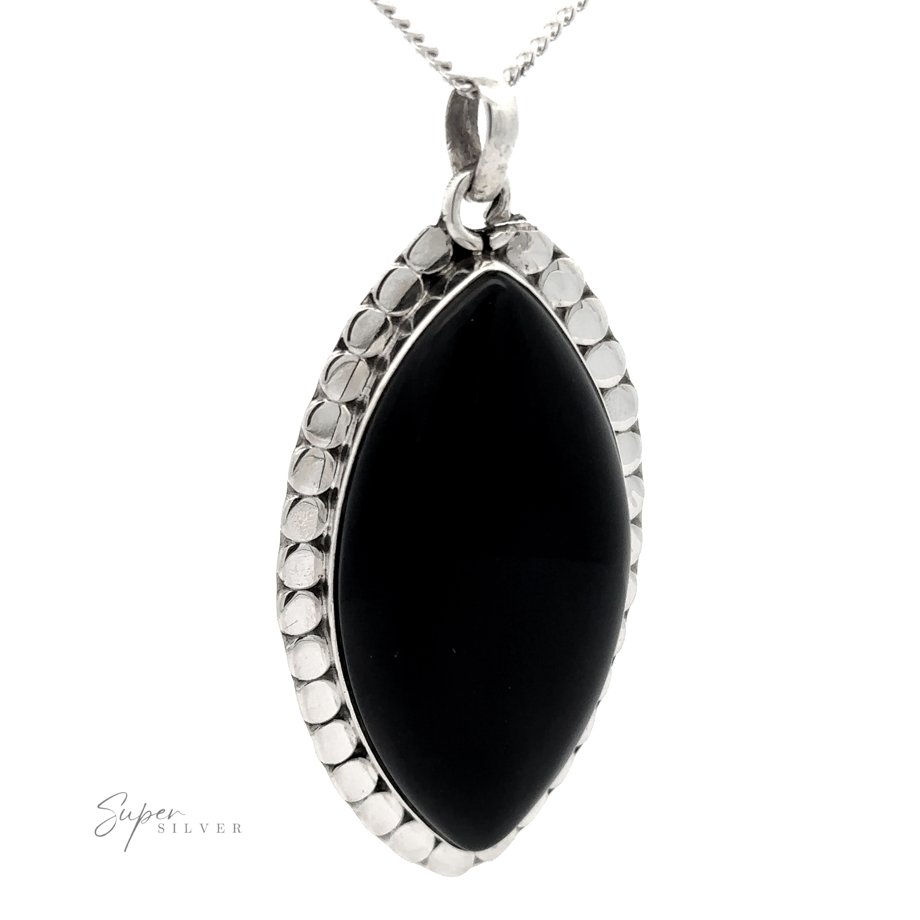 A Sterling Silver Necklace, With A Statement Onyx Pendant With a Textured Setting, featuring a textured border. The chain is visible at the top, offering not just elegance but also the protective qualities of this esteemed stone.