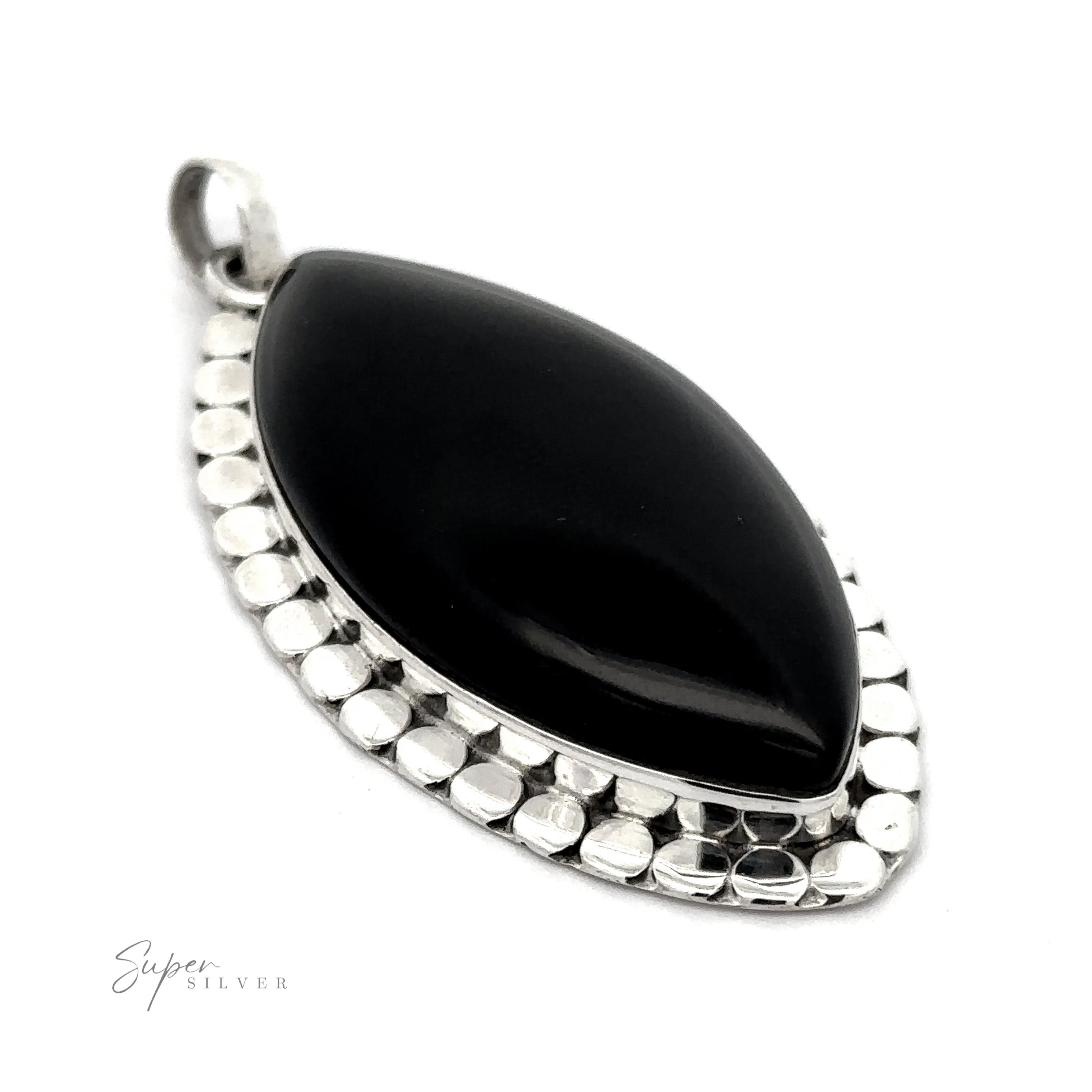 A powerful Statement Onyx Pendant With a Textured Setting featuring an elongated, oval-shaped black stone at its center, with a decorative silver border, making a bold statement piece.