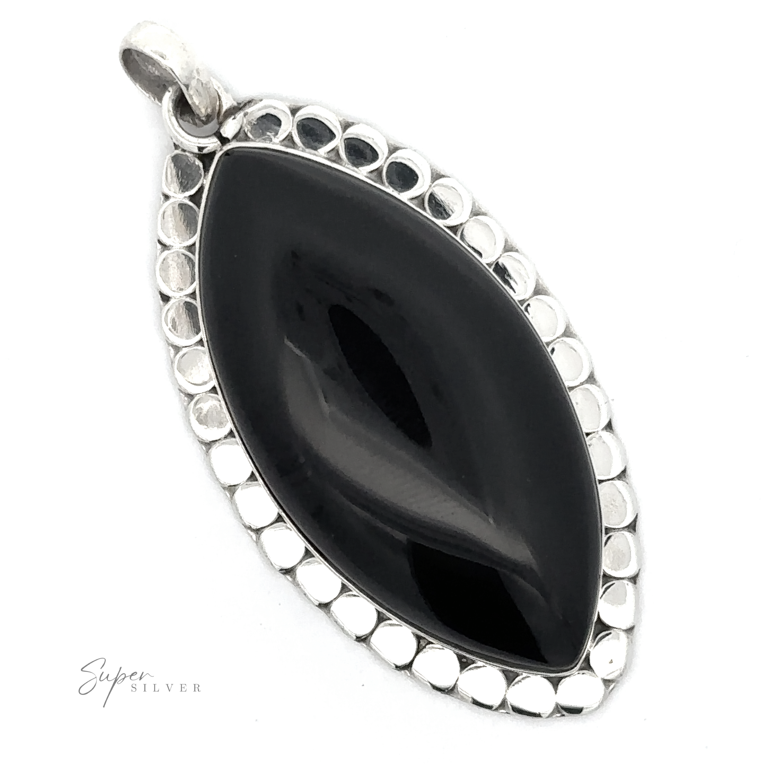 This bold statement piece is an elongated Statement Onyx Pendant With a Textured Setting, labeled "Super Silver.