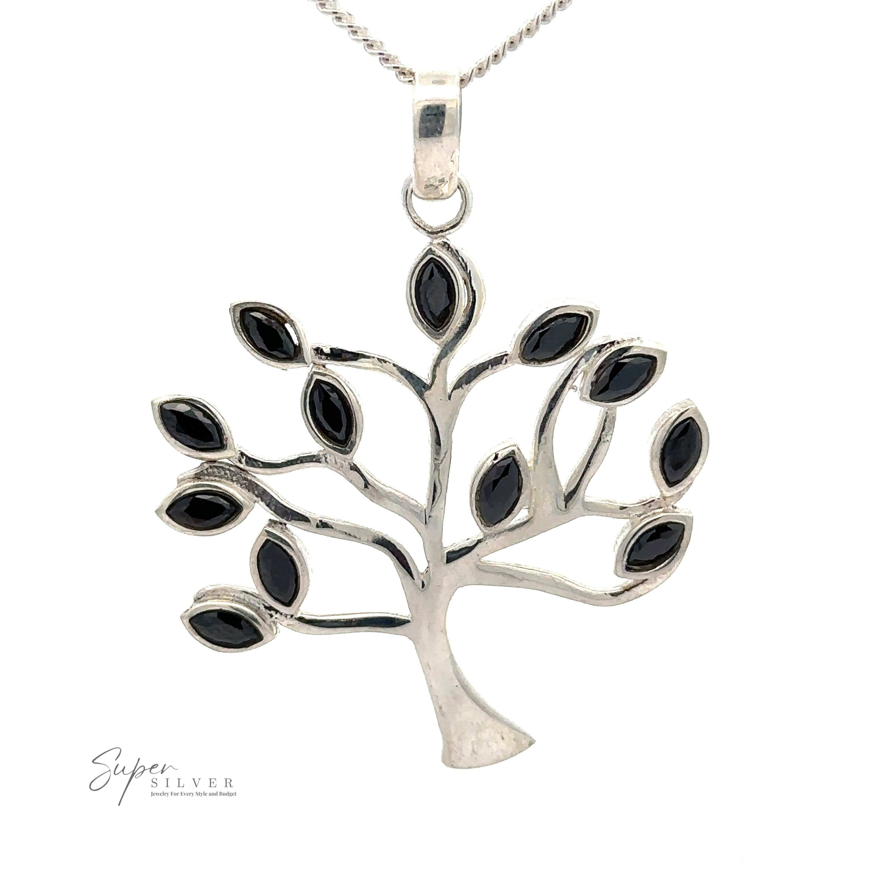 A Tree of Life Pendant with Stone Leaves, hanging on a delicate chain. The brand logo "Super Silver" is elegantly engraved in the bottom left corner.