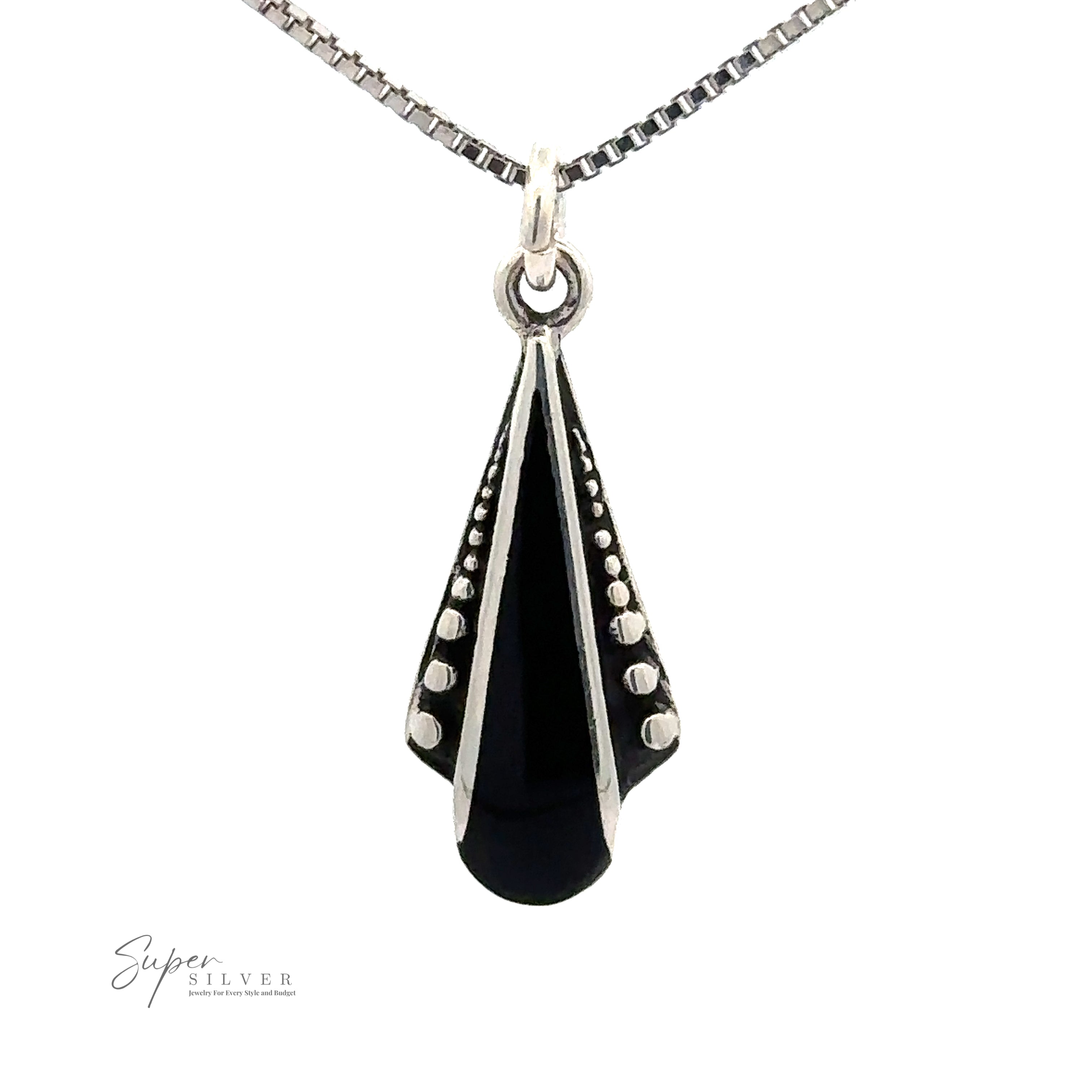 A Teardrop Pendant with Inlaid Stones and Ball Border featuring a black gemstone, adorned with small silver dots along its edges.