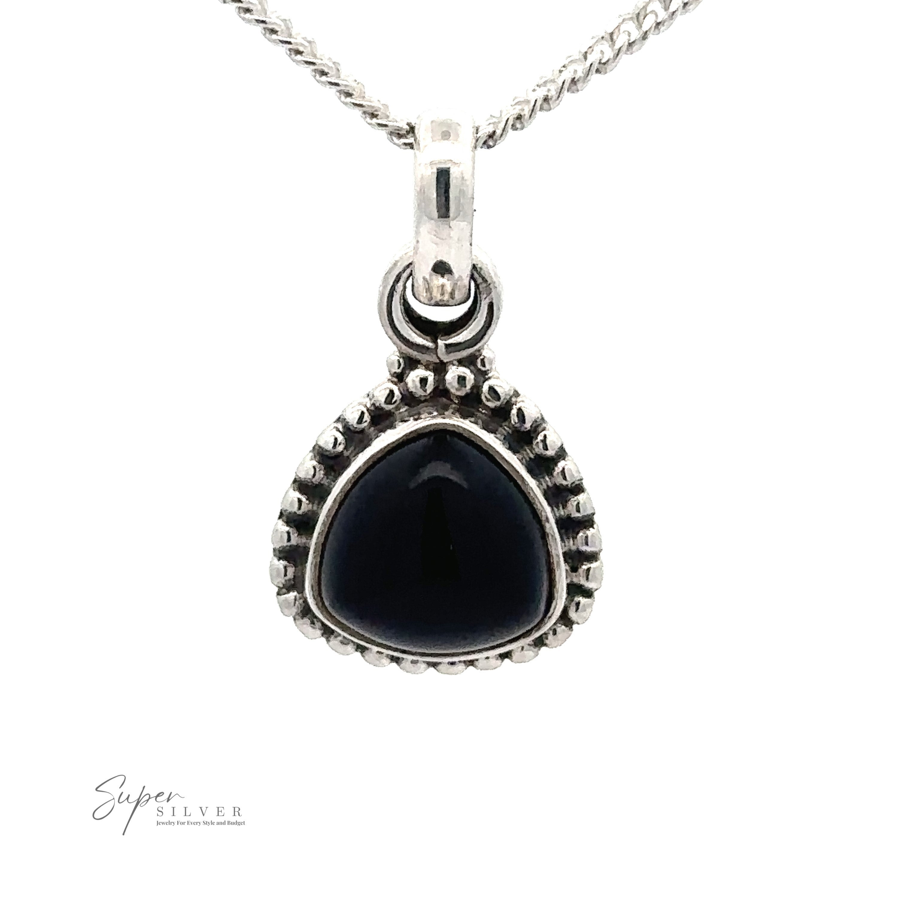 A Beautiful Triangular Shape Stone Pendant With Beaded Design, featuring a beaded design border. The pendant is suspended from a chain, and the label "Super Silver" is seen in the bottom left corner.