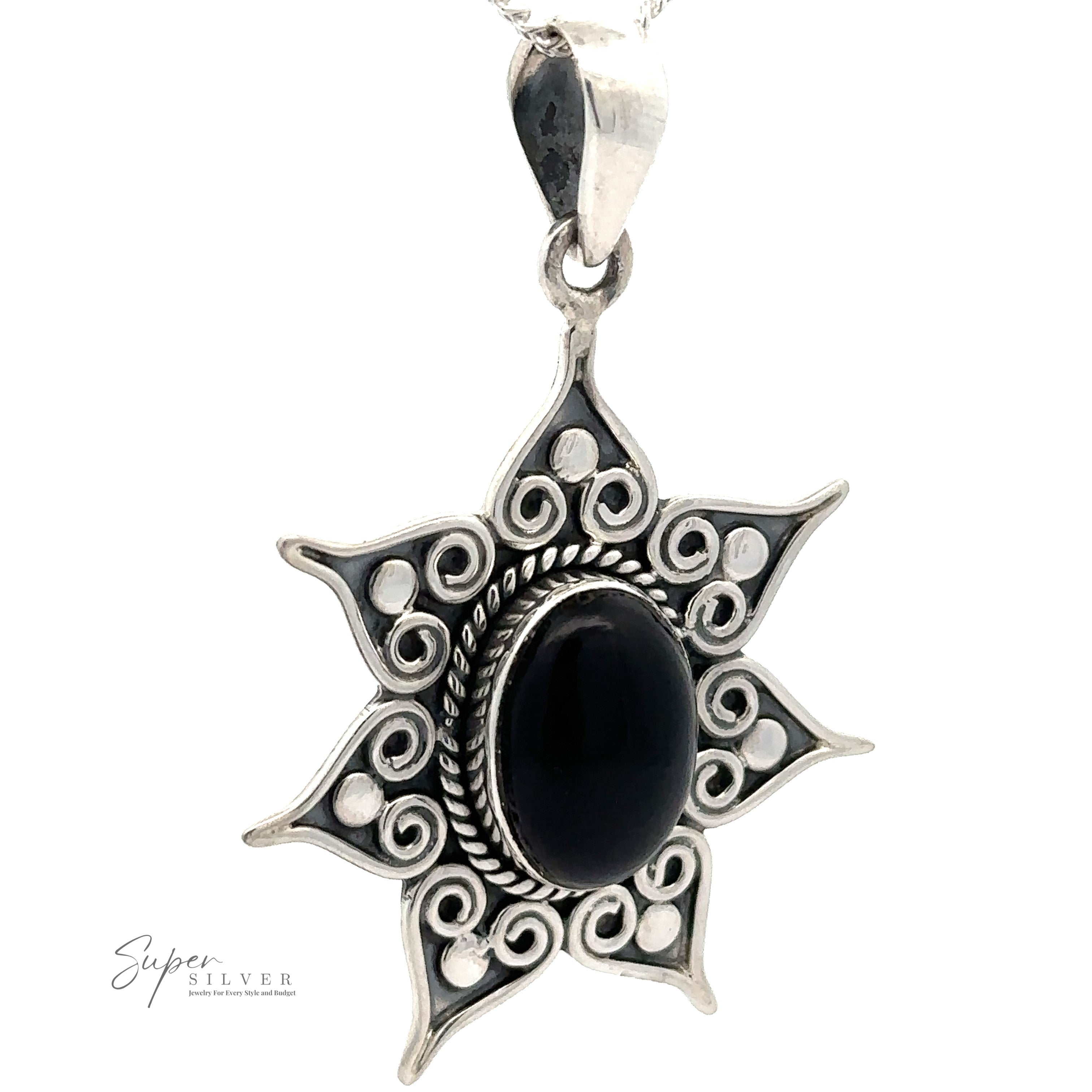 A Floral Design Gemstone Pendant with a sunburst design, featuring intricate swirls and a central black onyx gemstone. The logo "Super Silver" is visible in the bottom left corner.