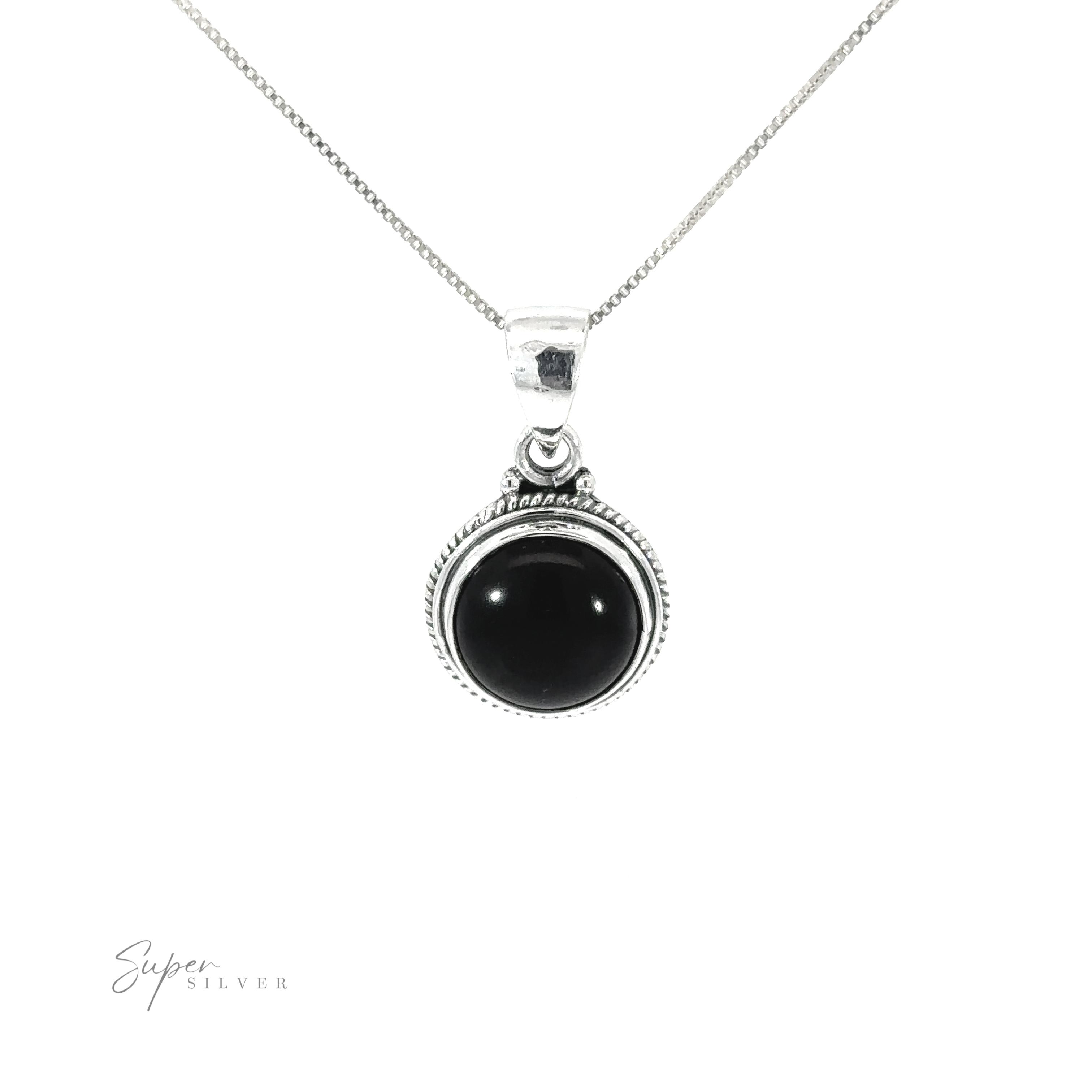 A Round Stone Pendant with Rope Border on a silver chain.