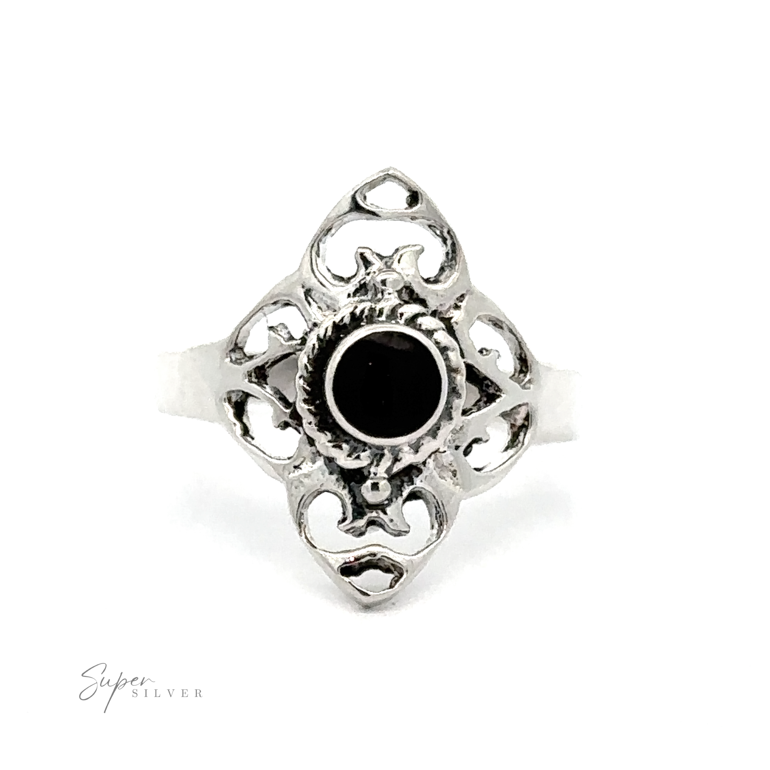 A Filigree Inlaid Stone Ring with a black stone inlaid.