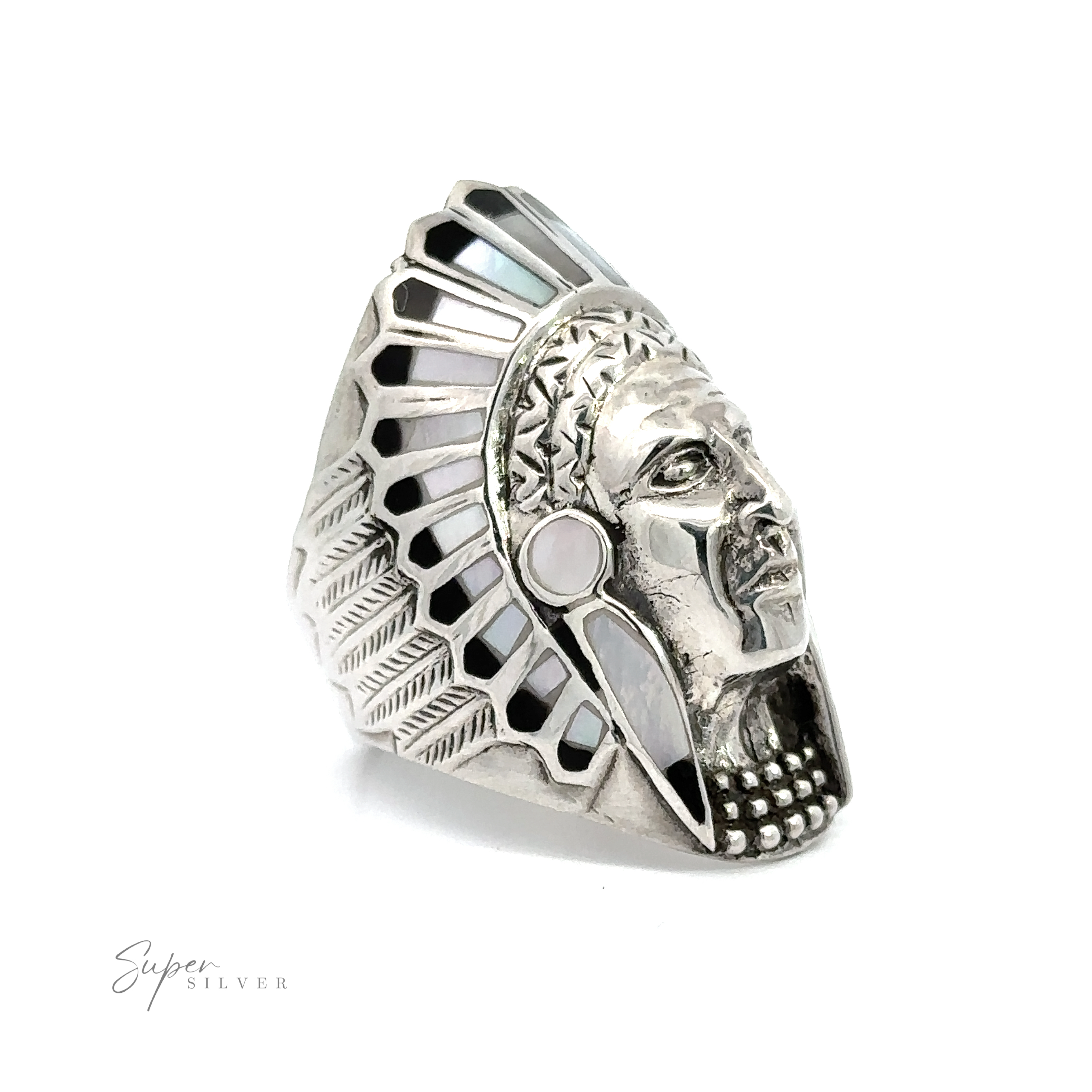 An Inlay Chief Ring with a Native American chief engraved on it.
