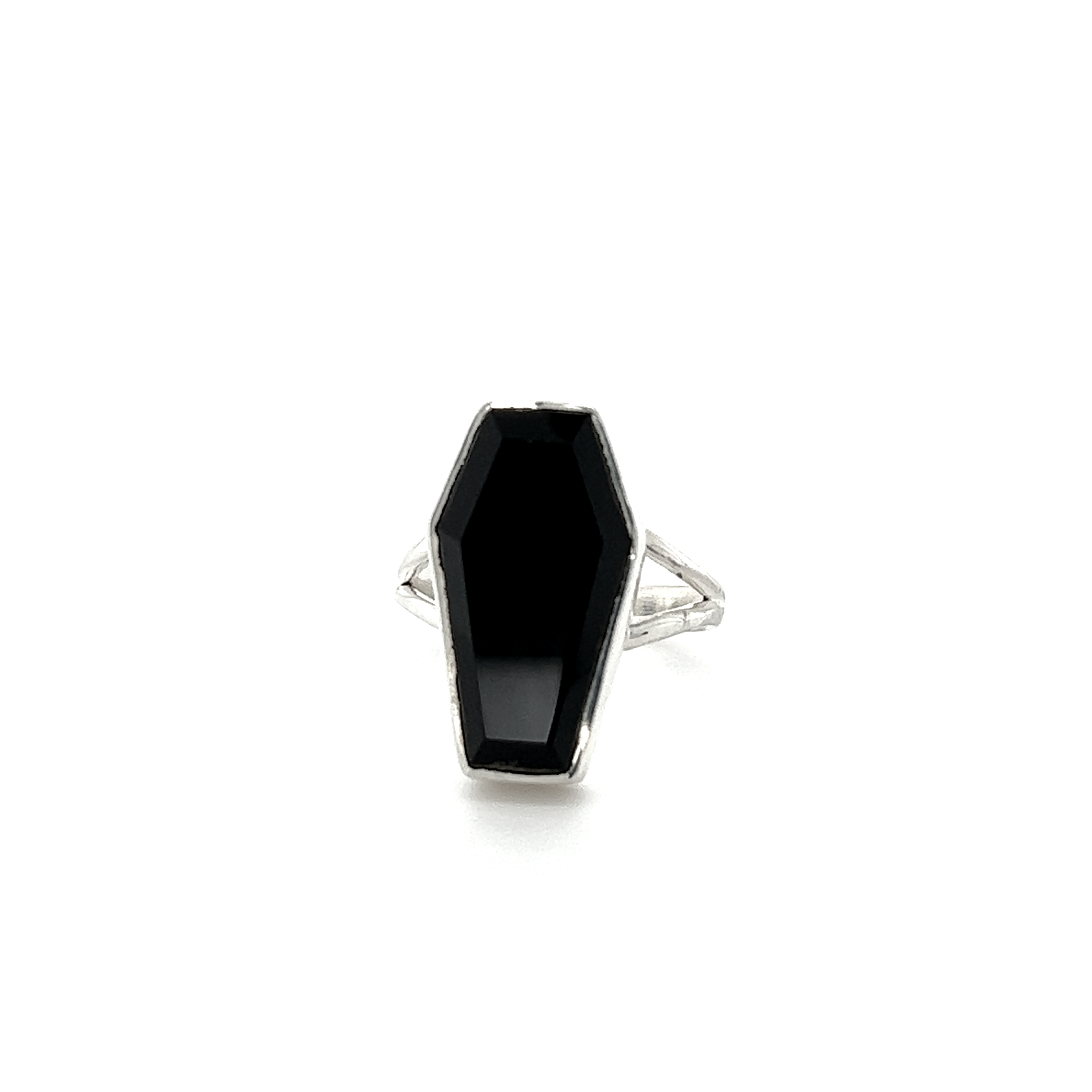 A Super Silver Faceted Onyx Coffin Ring on a white background with gothic mystique.
