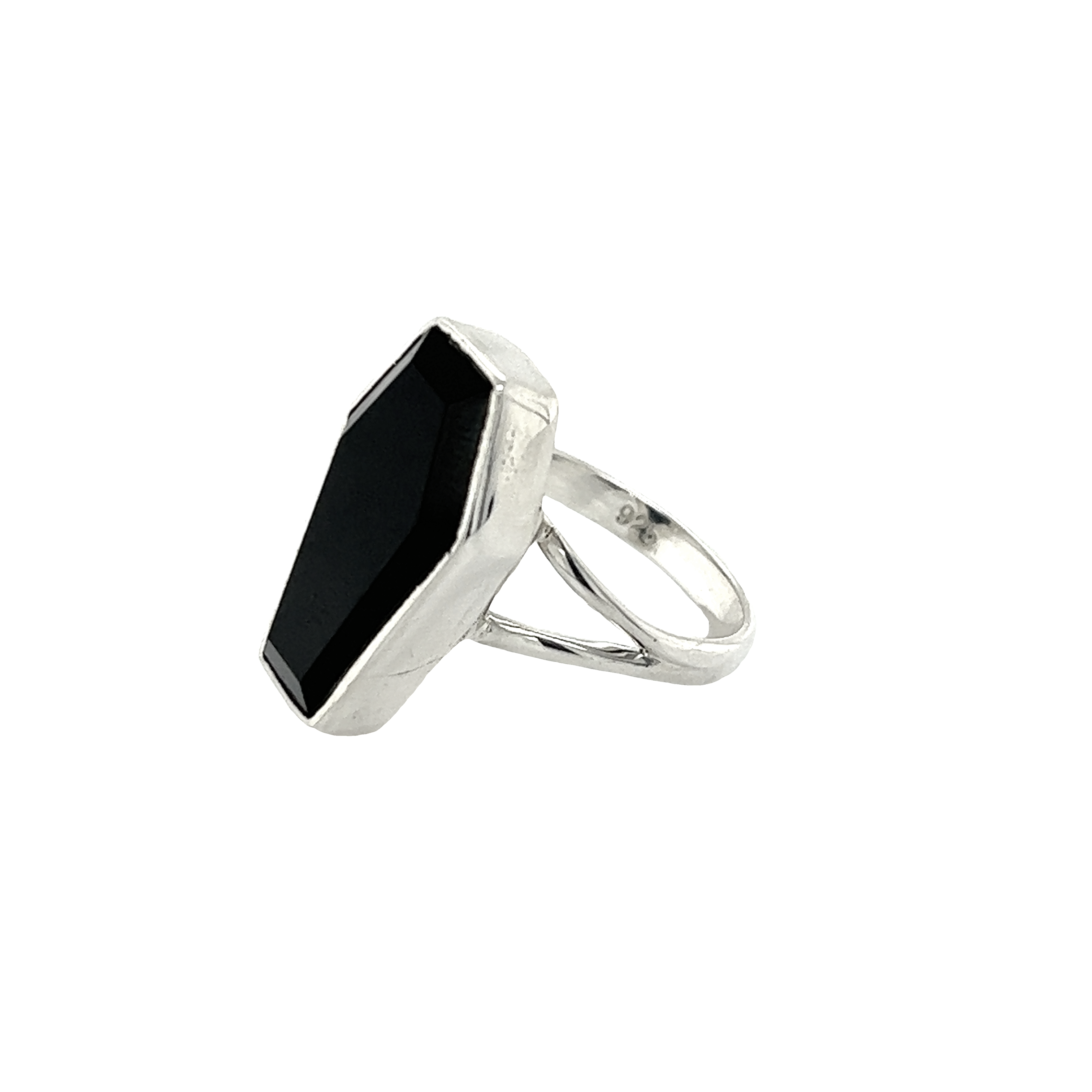 A Super Silver Faceted Onyx Coffin Ring on a white background.