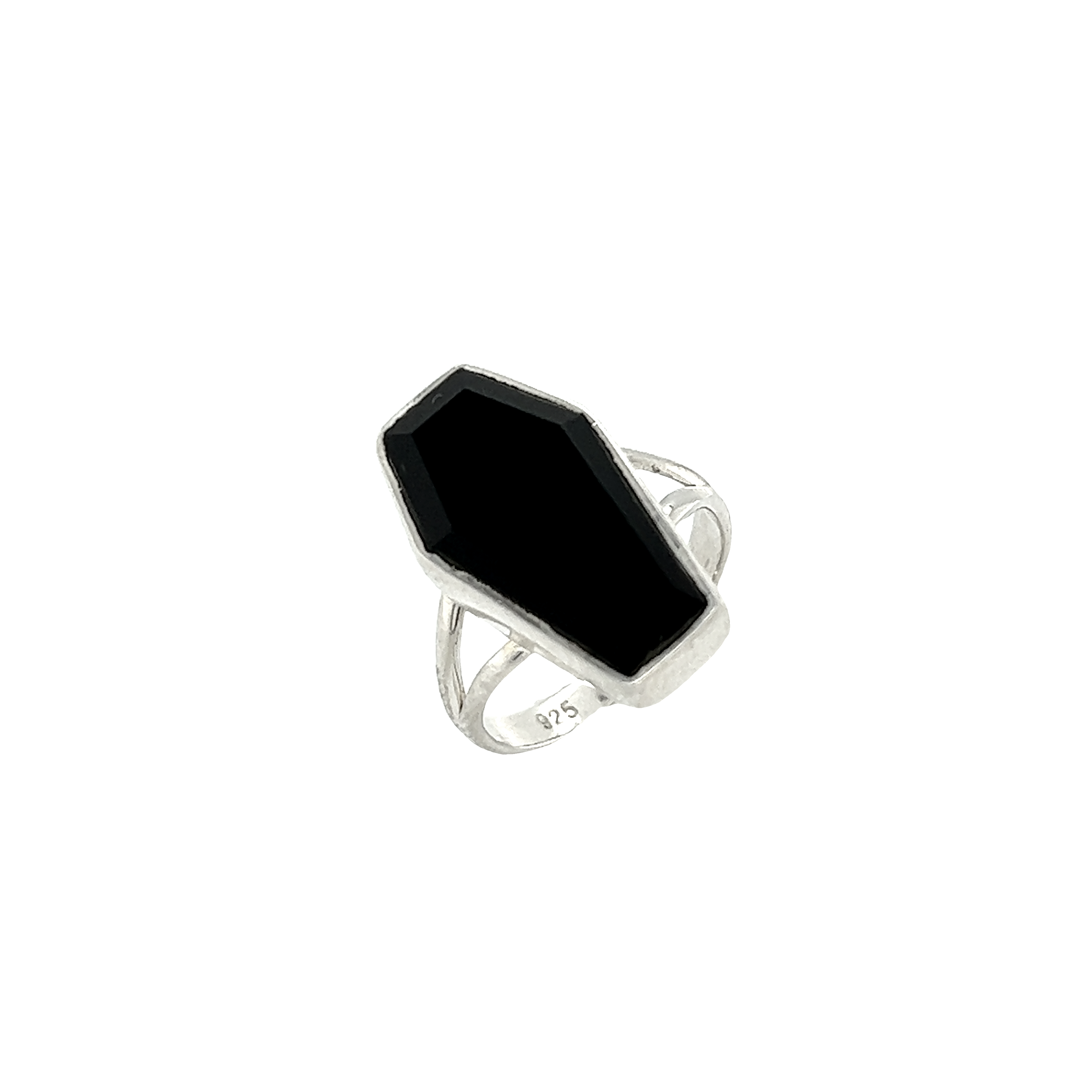 A Super Silver gothic mystique Faceted Onyx Coffin Ring glimmers on a white background, creating a spooky allure.