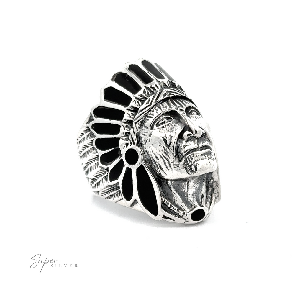 
                  
                    A Stately Chief Head Ring With Inlay Stones crafted from sterling silver.
                  
                