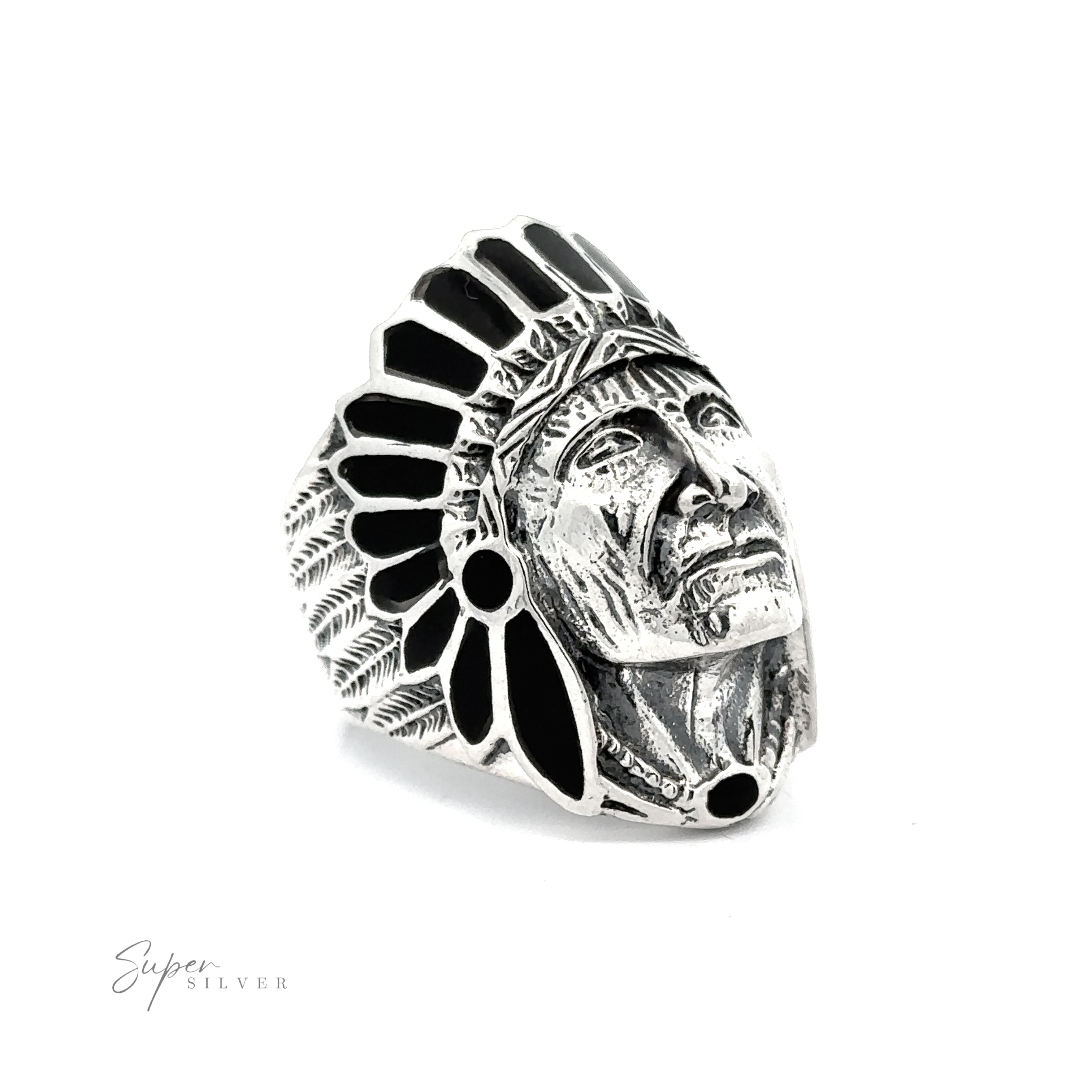 A Stately Chief Head Ring With Inlay Stones crafted from sterling silver.