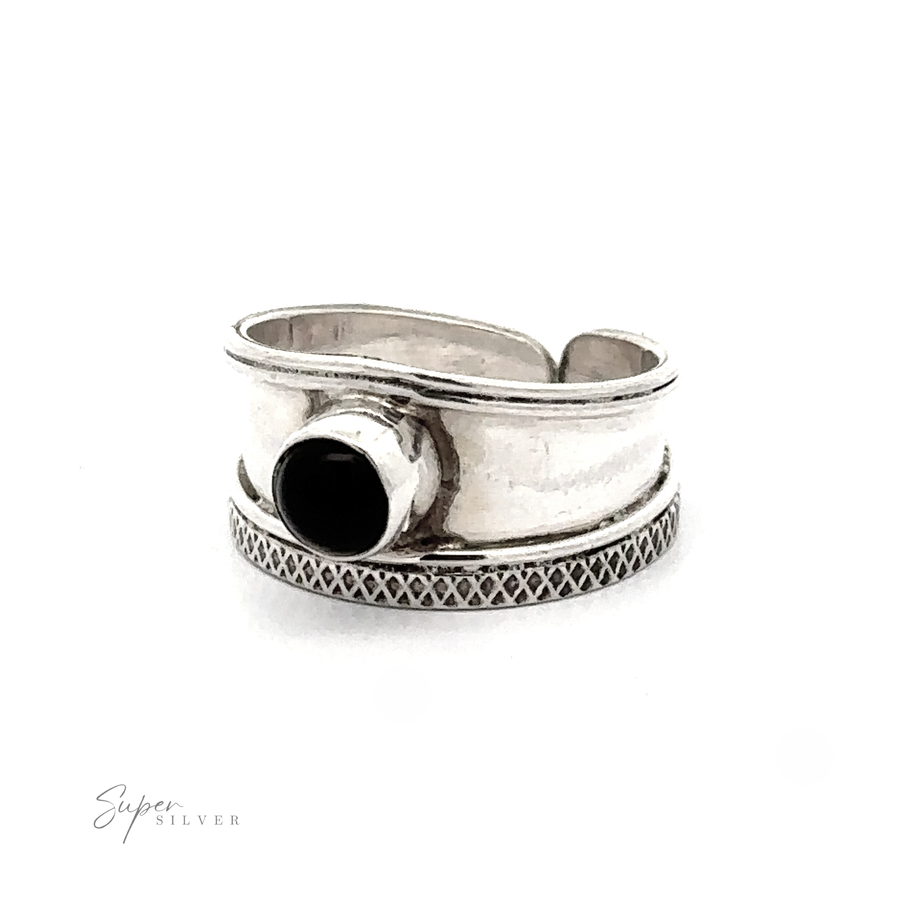 Adjustable Wide Cigar Band Toe Ring with Black Stone on a white background.