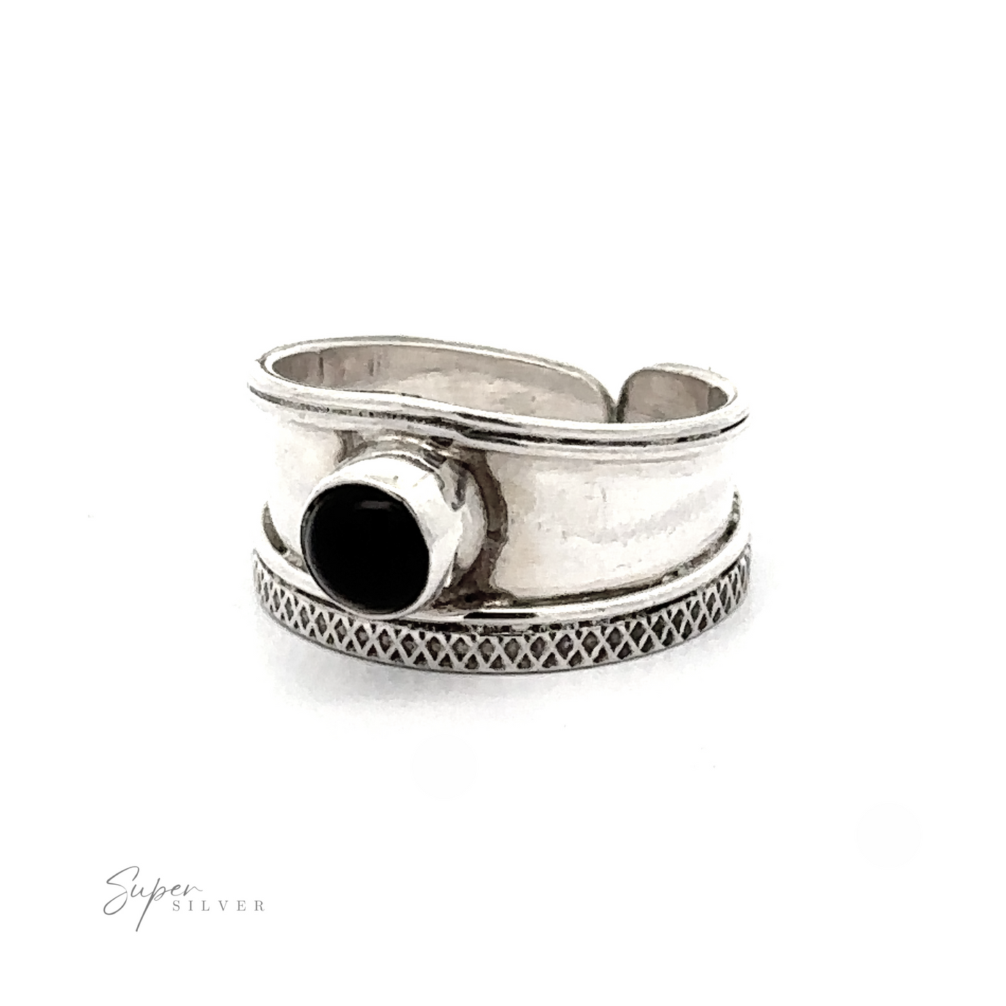 
                  
                    Adjustable Wide Cigar Band Toe Ring with Black Stone on a white background.
                  
                