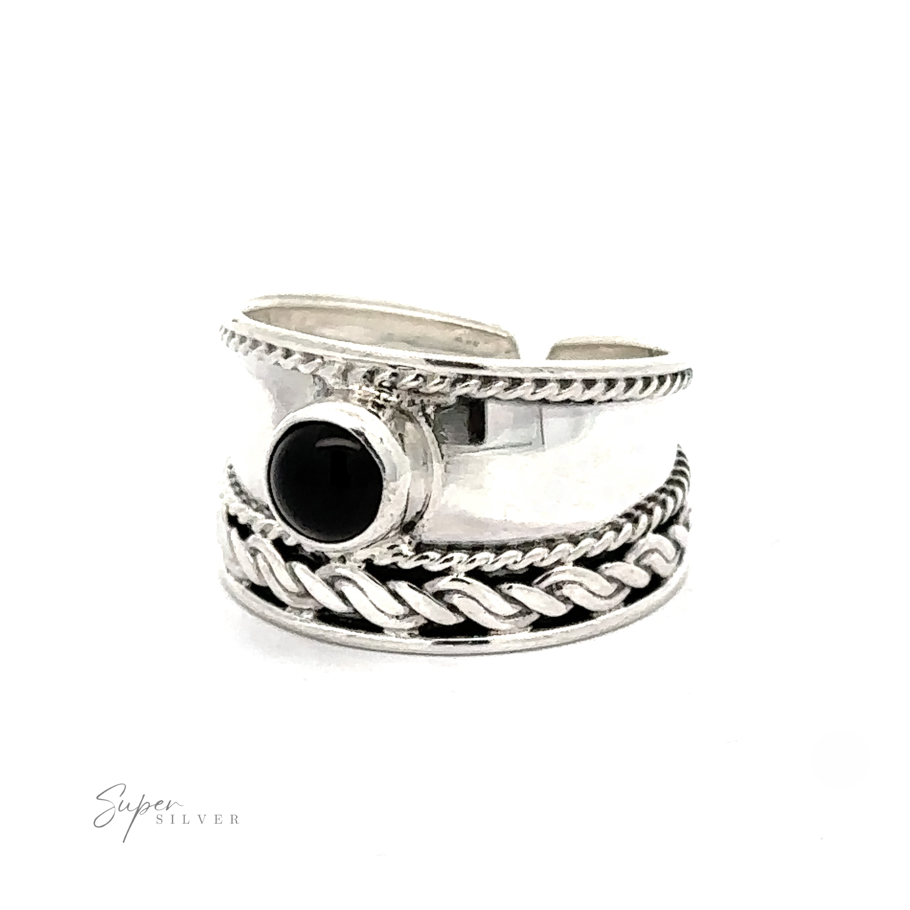 Adjustable Wide Cigar Band Toe Ring with Gemstone with a black stone, featuring rope and bead detailing on the band, displayed on a white background.