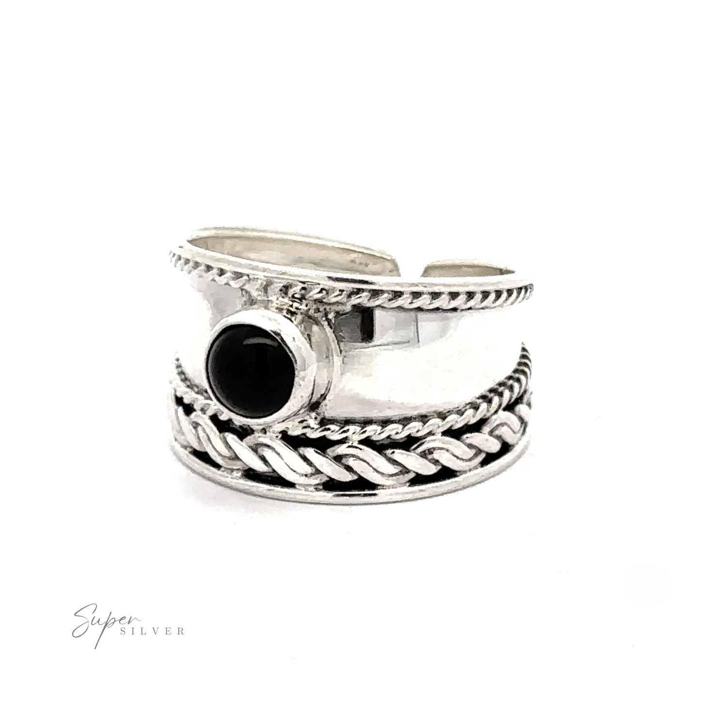
                  
                    Adjustable Wide Cigar Band Toe Ring with Gemstone with a black stone, featuring rope and bead detailing on the band, displayed on a white background.
                  
                