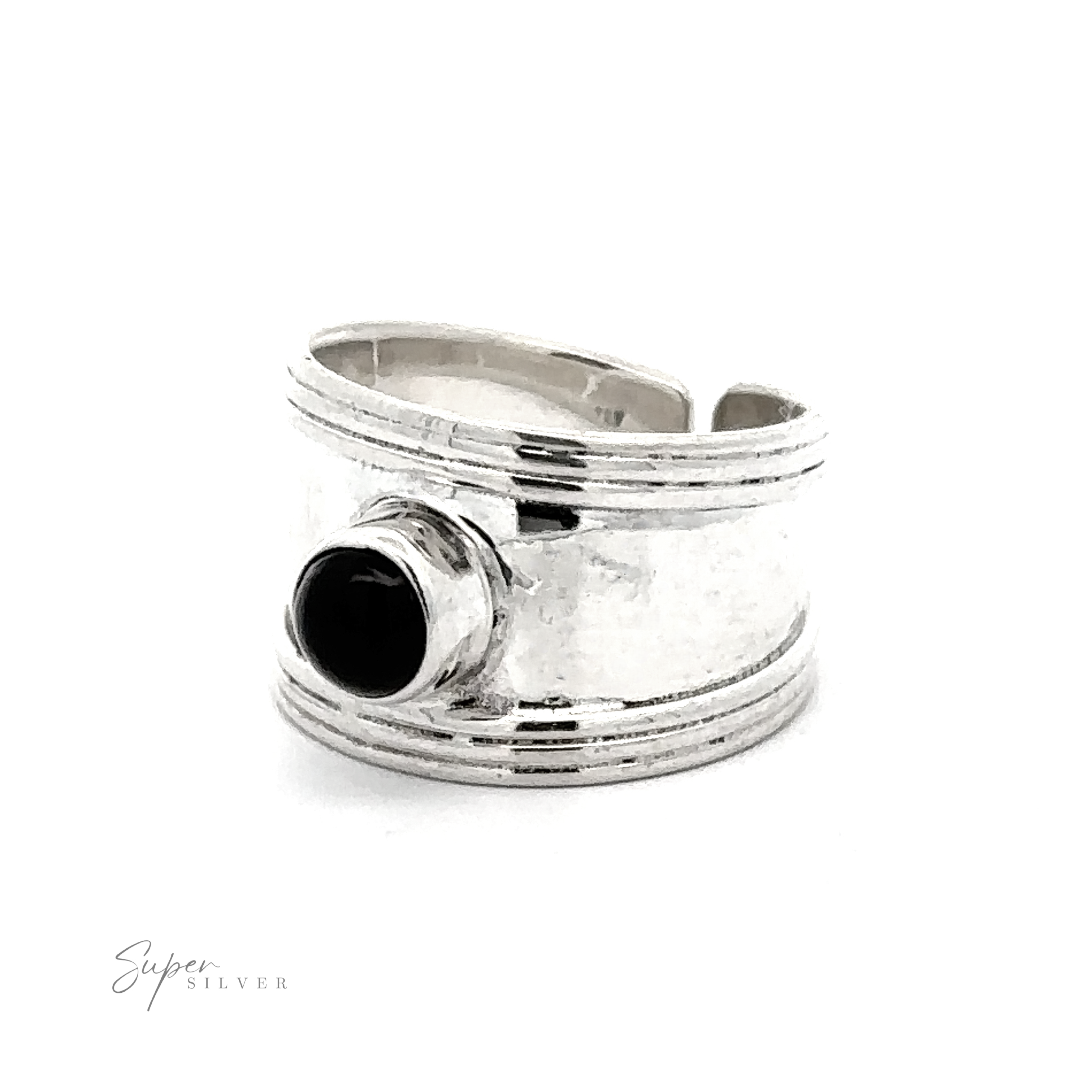 A Adjustable Wide Cigar Band Toe Ring with Gemstone featuring a black stone and wrapped band design, displayed against a white background.