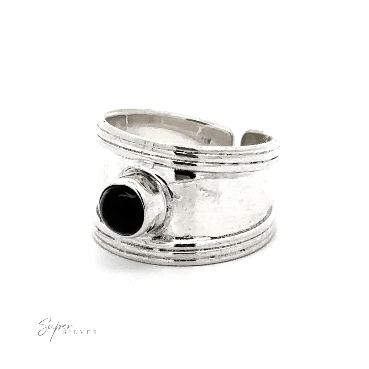 
                  
                    A Adjustable Wide Cigar Band Toe Ring with Gemstone featuring a black stone and wrapped band design, displayed against a white background.
                  
                