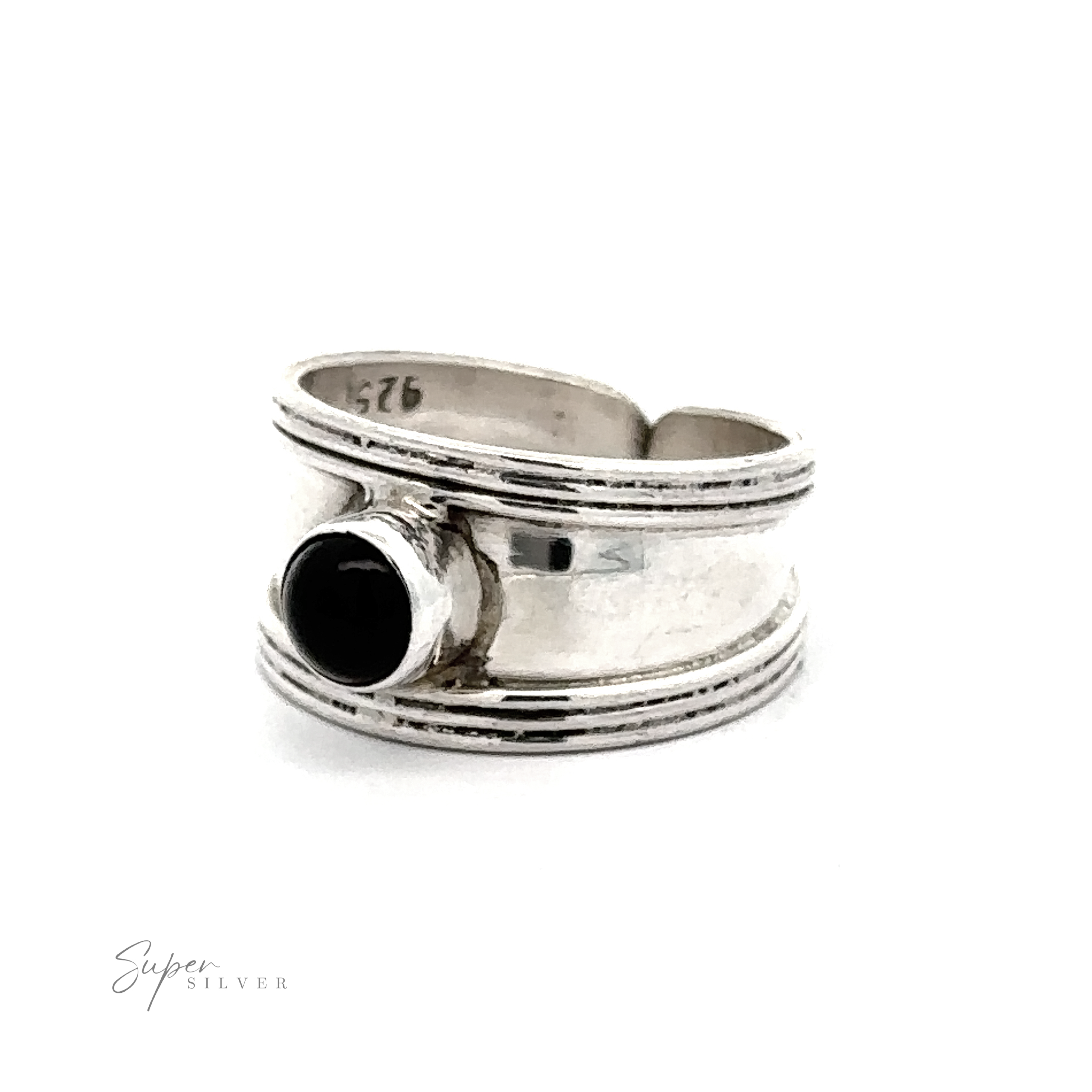 Adjustable Wide Cigar Band Toe Ring with Gemstone with a black stone set in a modern design, marked with "925" indicating sterling silver purity.