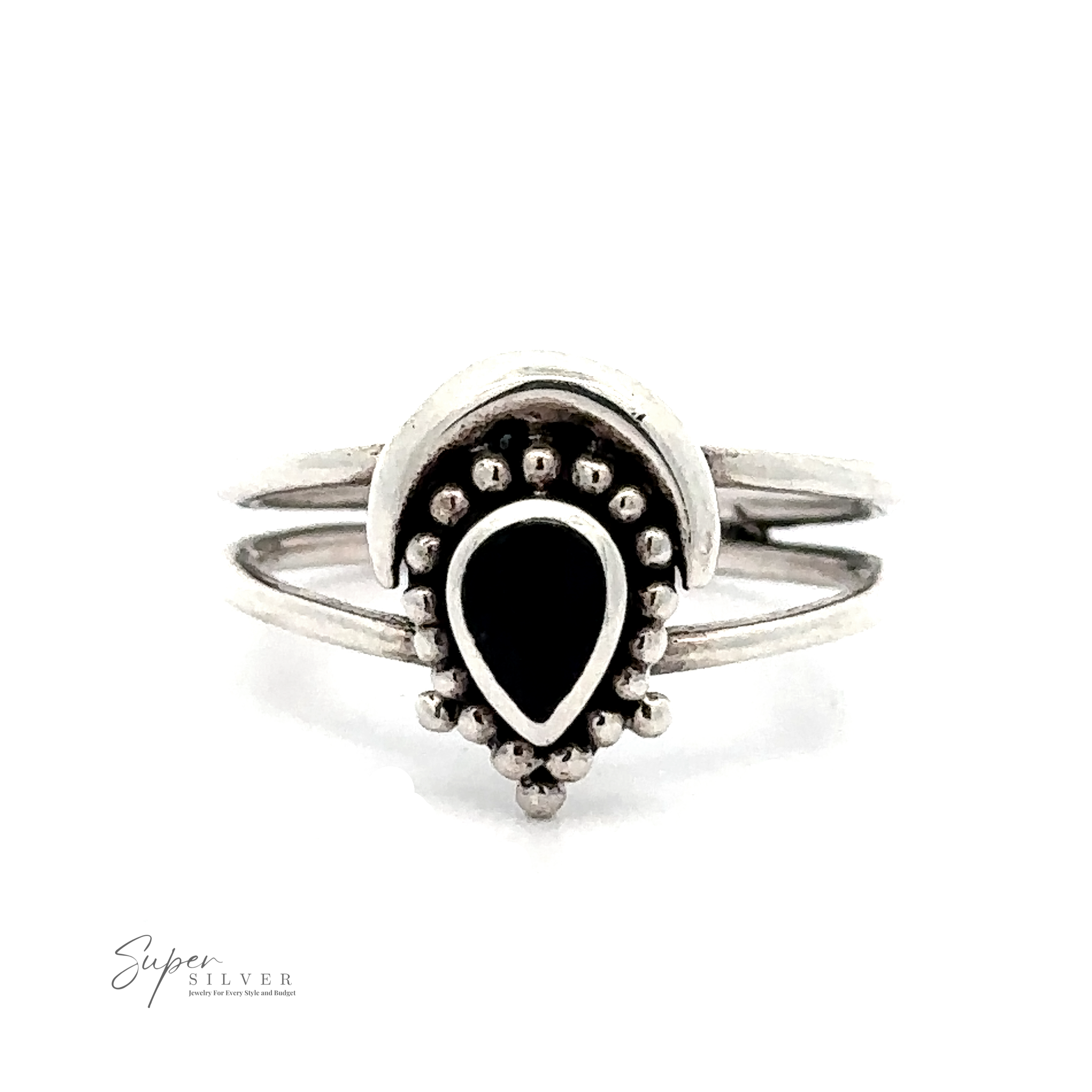 Teardrop Ring With Inlaid Stone and Crescent Moon with a black teardrop-shaped gemstone, surrounded by small silver beads. This bohemian ring features a twin band design and exceptional silverwork jewelry craftsmanship, complete with a "Super Silver" logo in the bottom left corner.