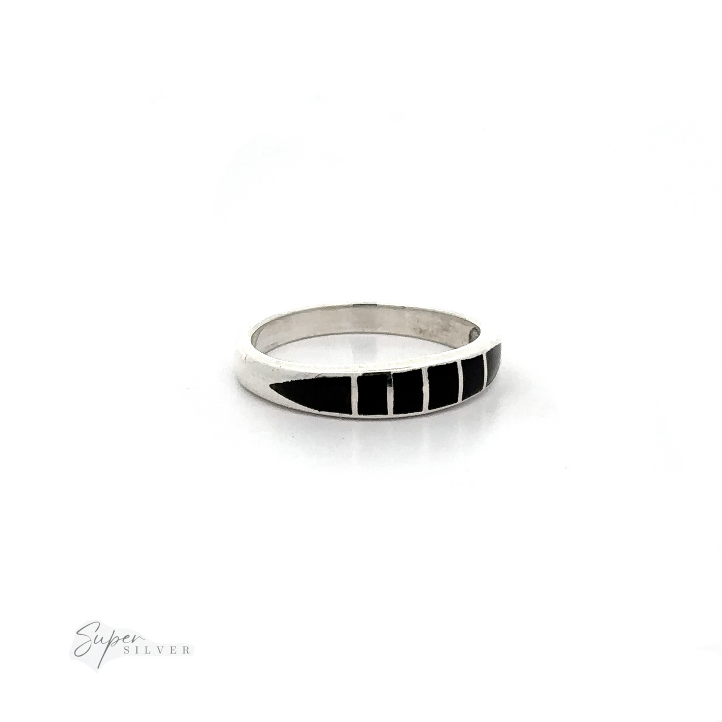 
                  
                    A silver Inlay Stone Band with inlaid black stones on a white background.
                  
                