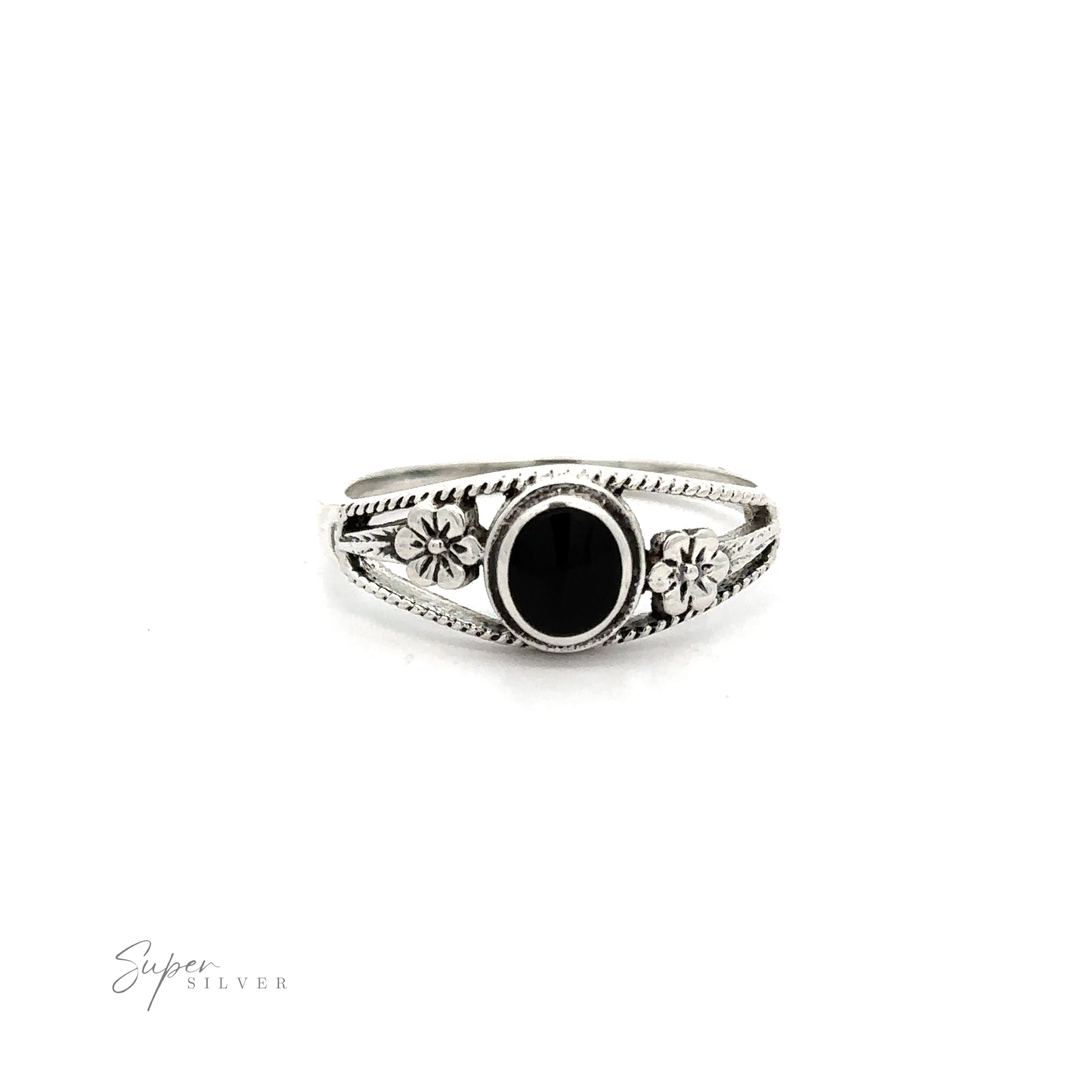 An Inlay Stone Ring with Flower and Rope Design with a black onyx center stone.